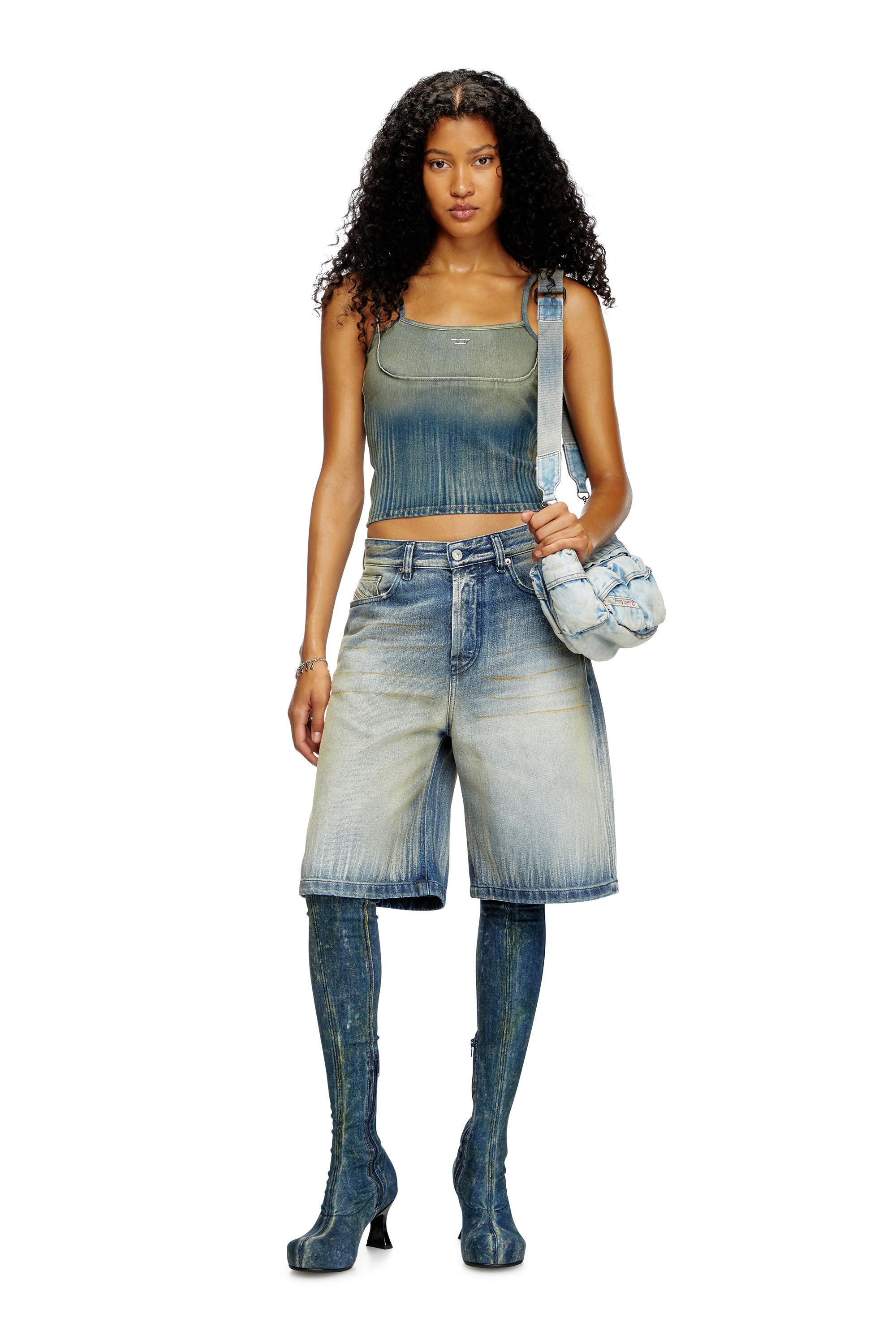 Diesel - DE-MADDY-S, Female's Crop top in light streaky denim in ミディアムブルー - 1