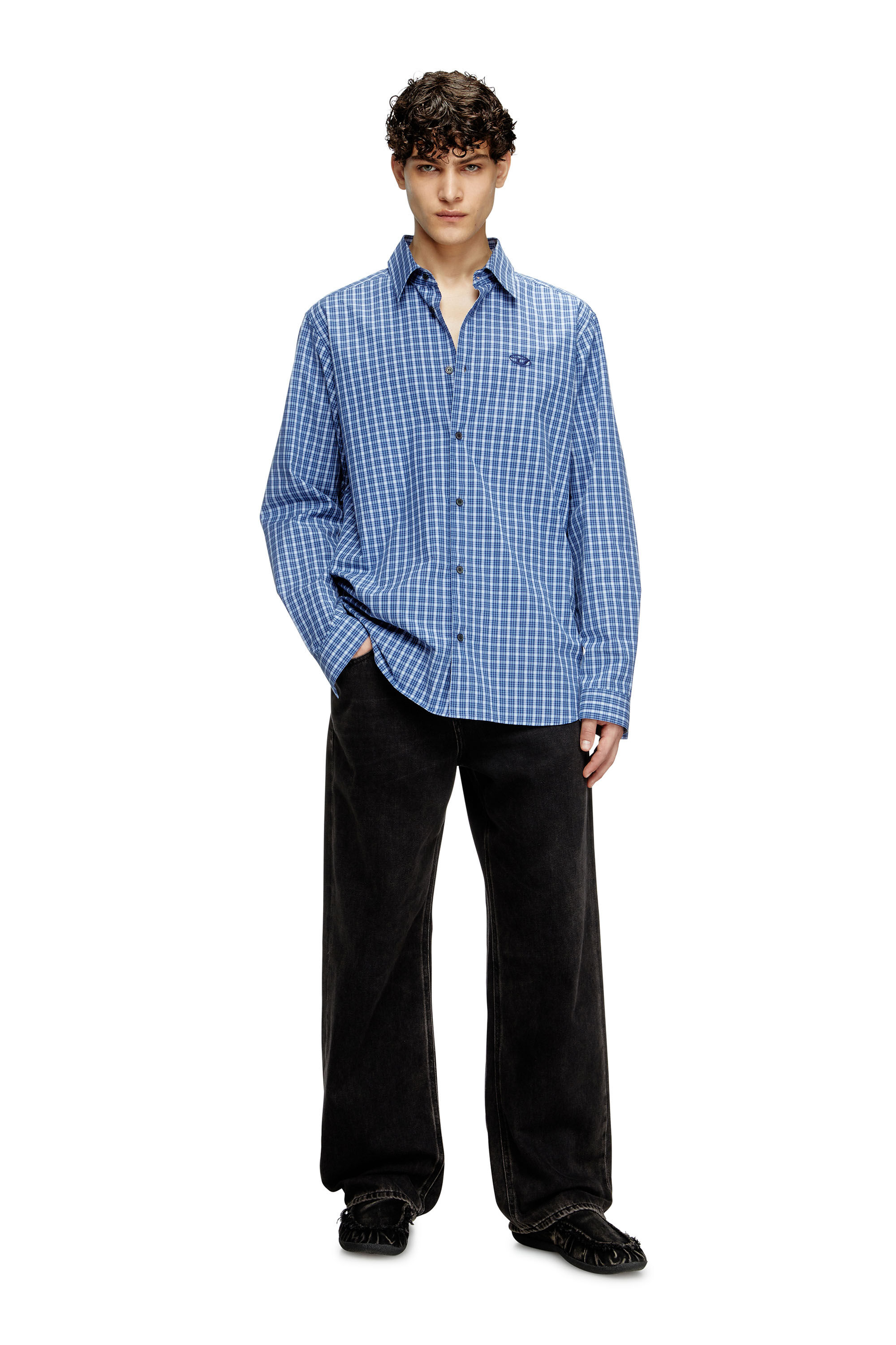 Diesel - S-SIMPLY-DLBV, Male's Checked shirt with Oval D embroidery in ブルー/ホワイト - 1