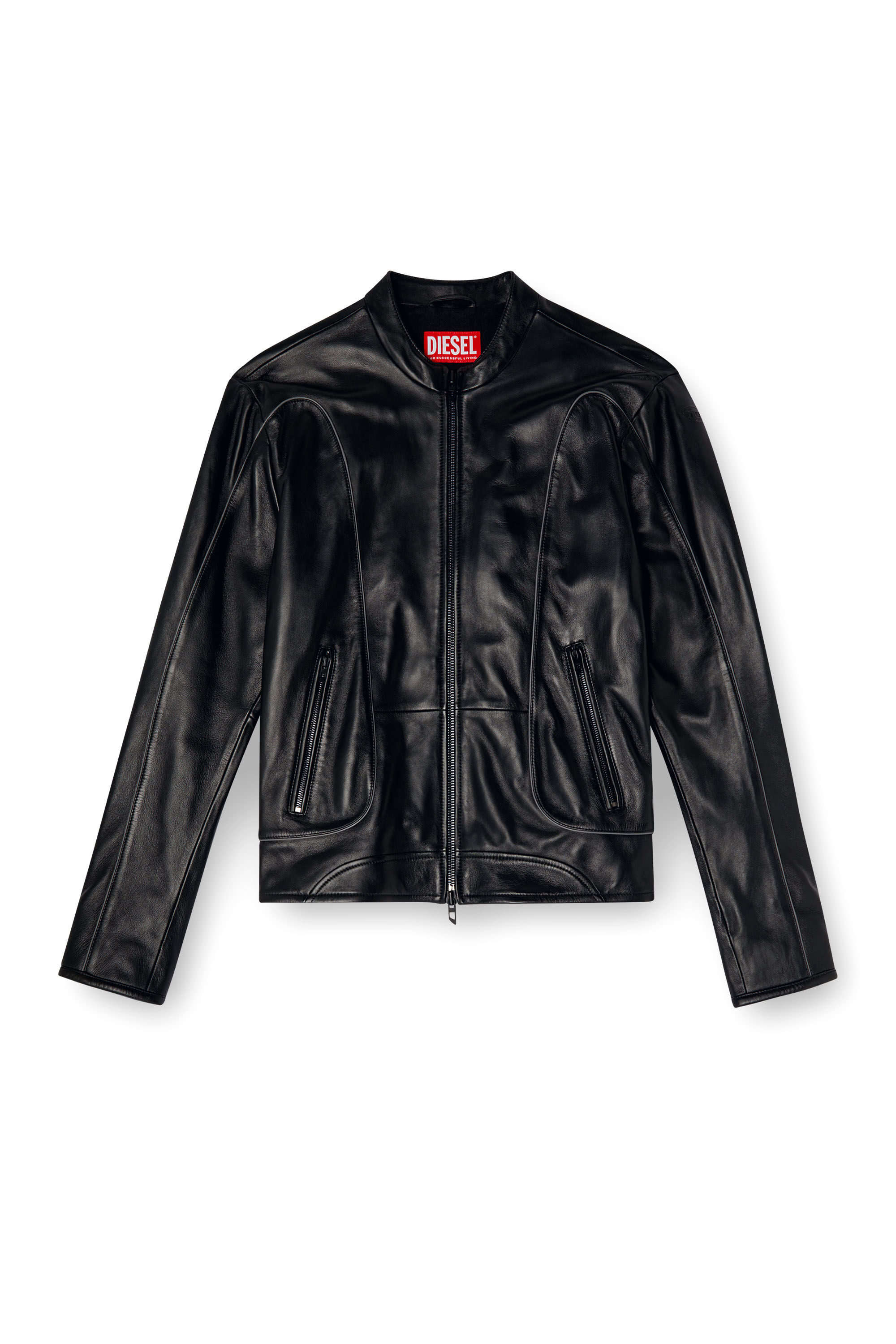 Diesel - L-KRIXY, Male's Leather biker jacket with piping detail in ブラック - 2