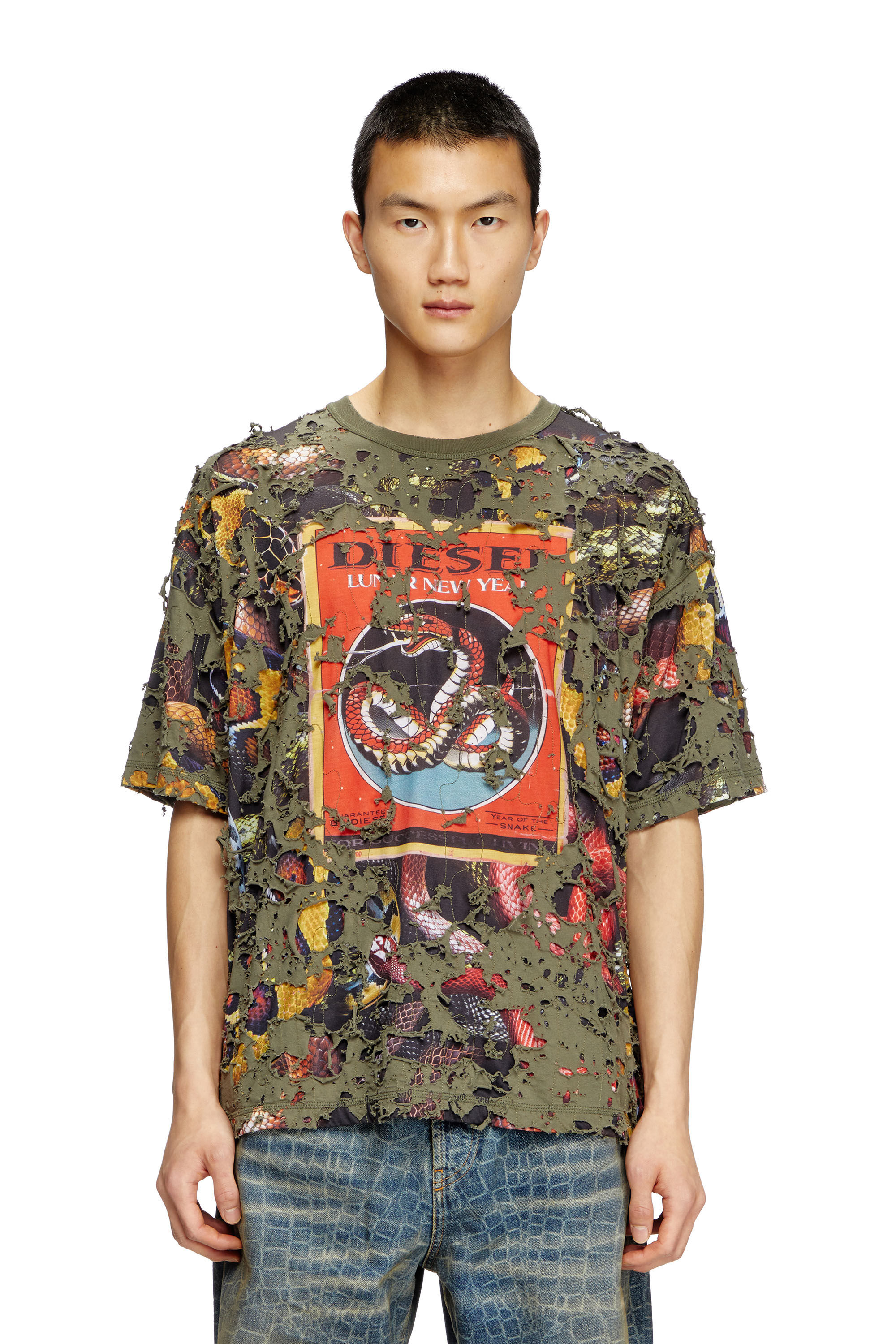 Diesel - CL-T-BOXT-DEVOR-SNAKE, Unisex's Snake-print T-shirt with destroyed overlay in オリーブグリーン - 3