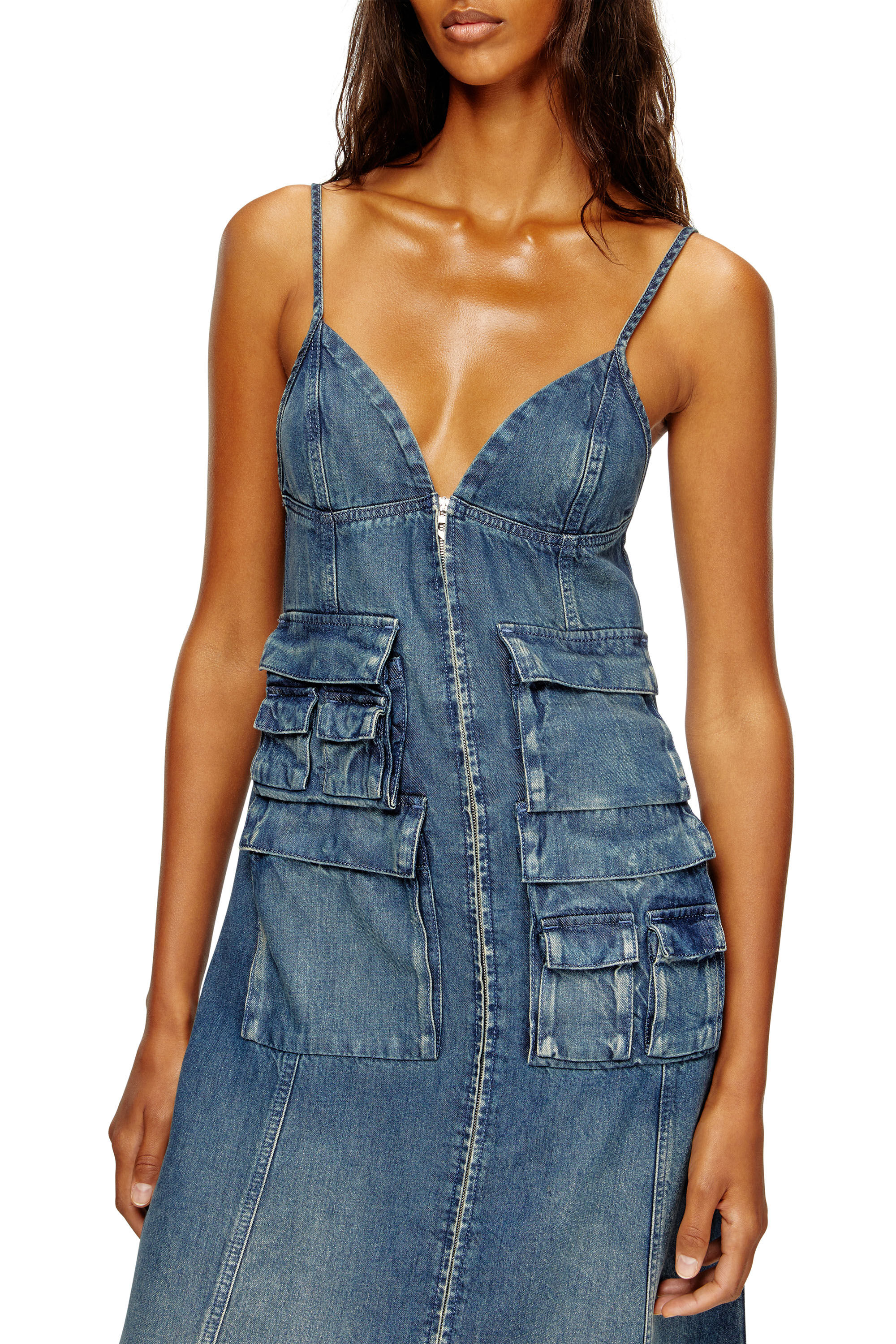Diesel - DE-MELVI-S, Female's Dress in fluid laser-worn denim in ミディアムブルー - 5