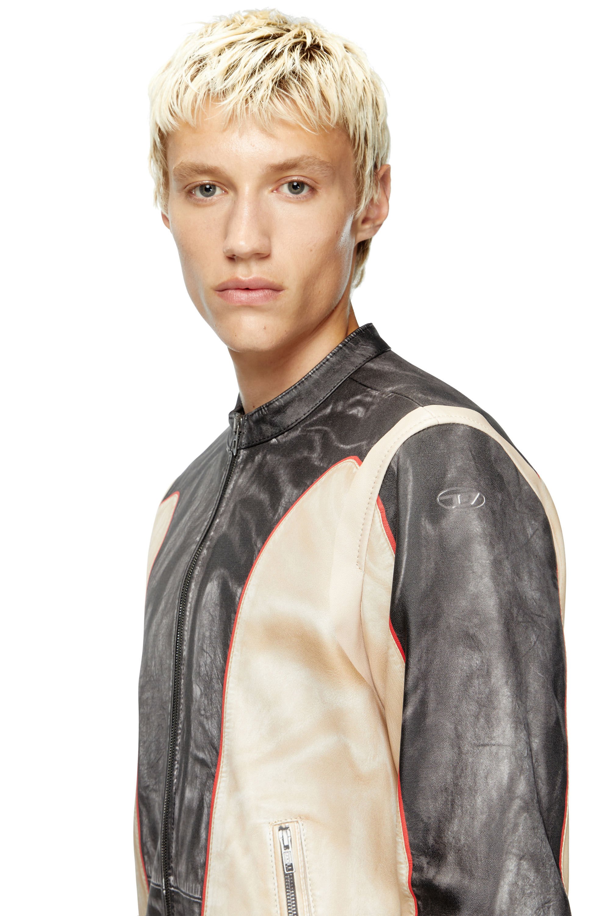 Diesel - L-EVERT, Male's Trompe l'oeil-effect leather biker jacket in ベージュ/ブラック - 4