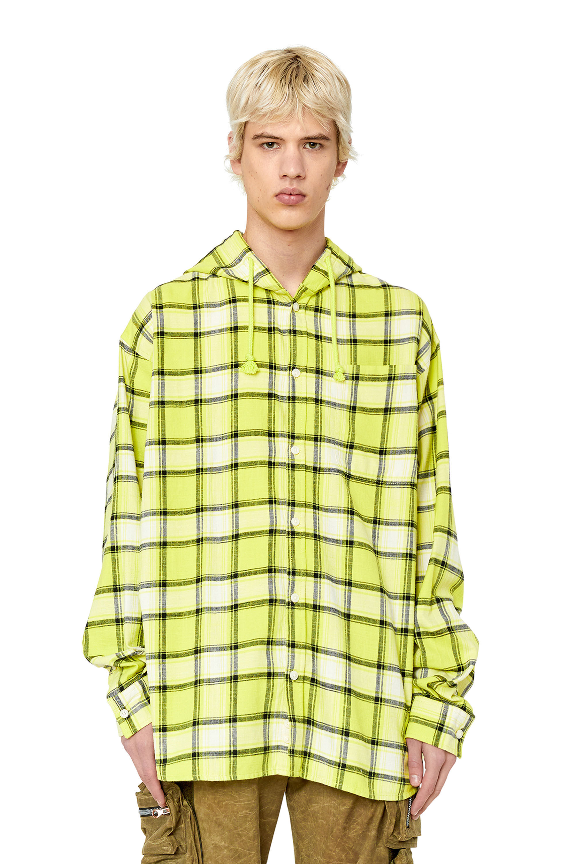 Diesel - S-DEWNY-HOOD, Male's シャツ チェック パーカー in ホワイト/グリーン - 3
