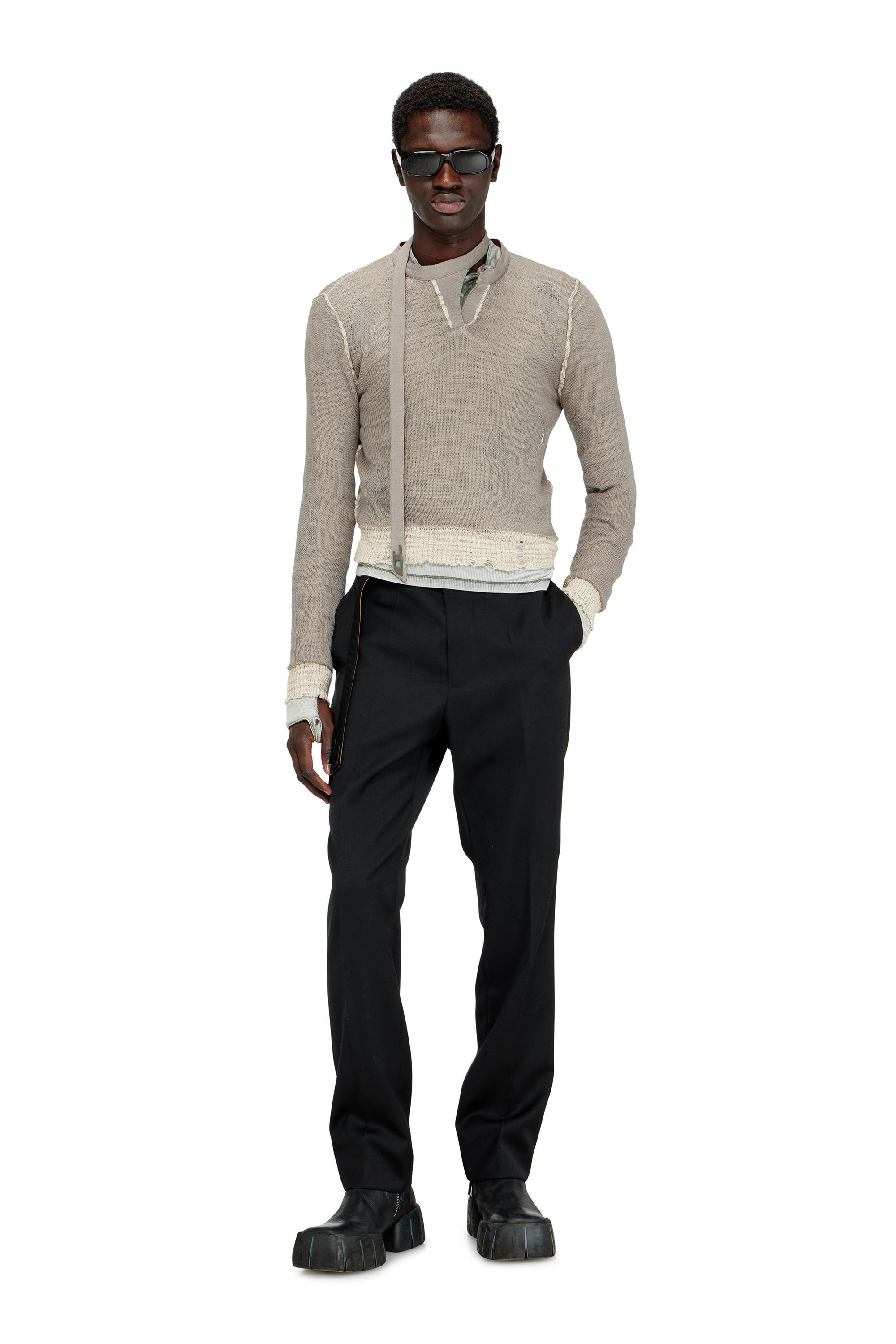 M-DRACARINA Distressed jumper with biker neck strap｜グレー