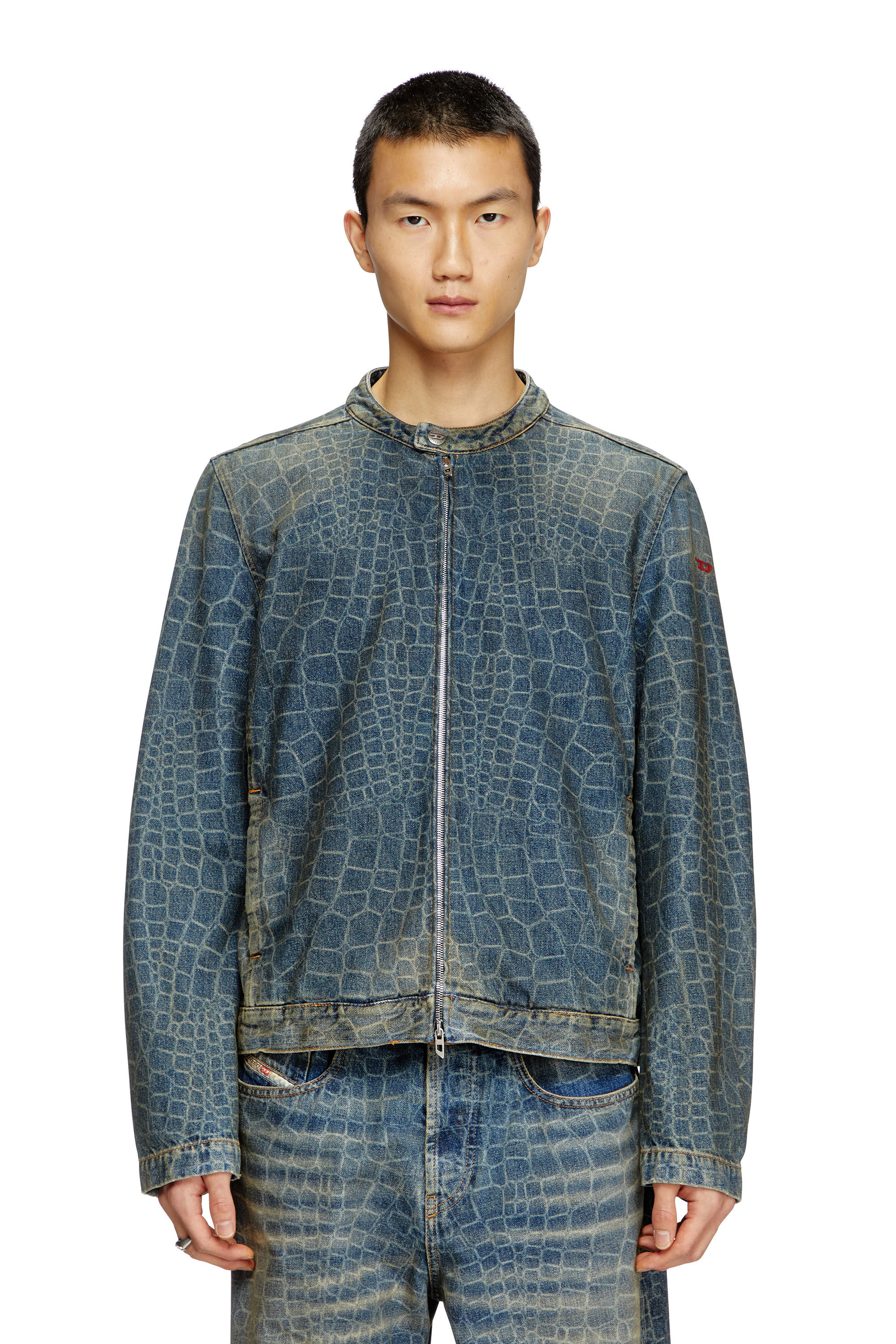 CL-D-GLORY-SNAKE Moto jacket in snake-print denim｜ブルー