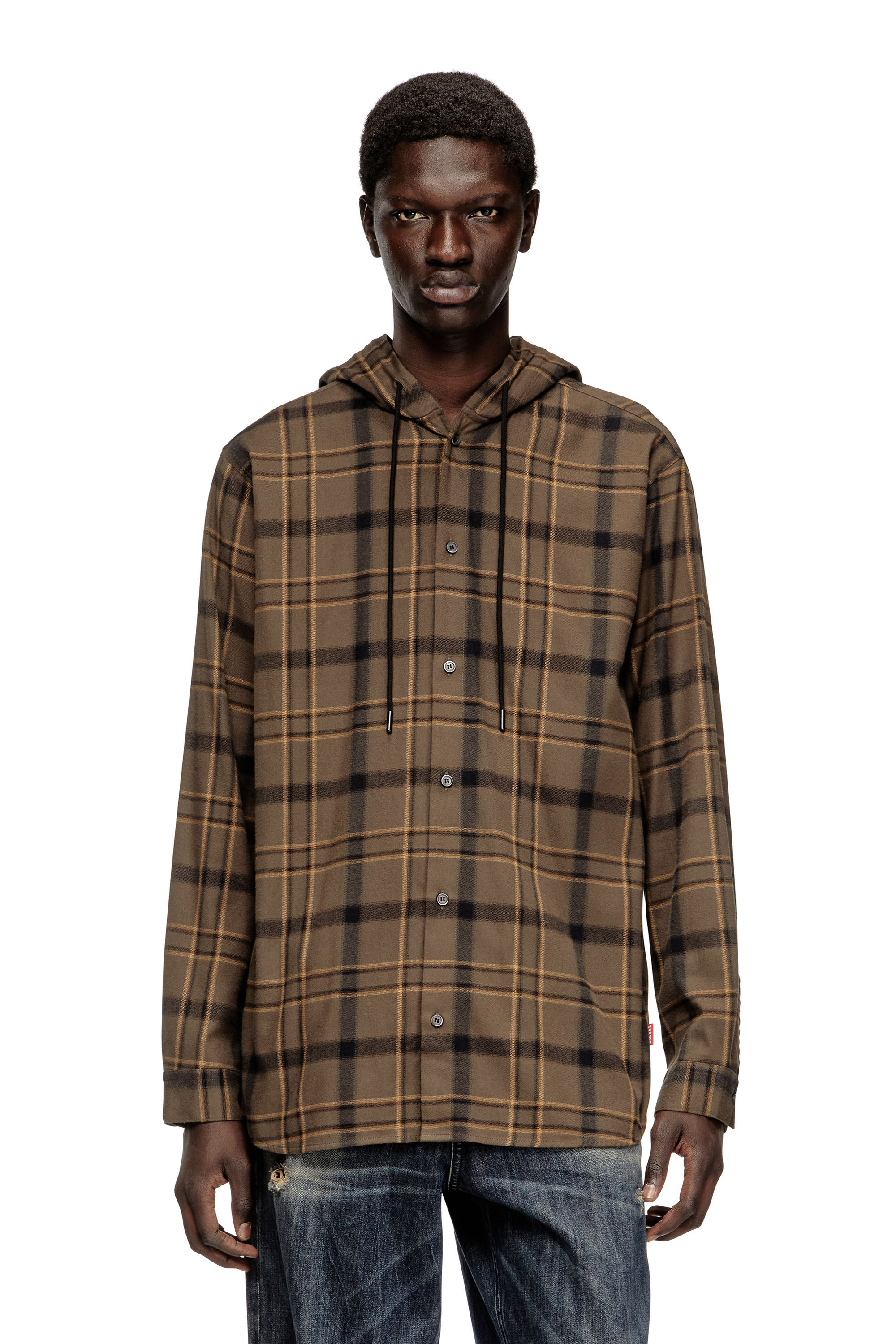 Diesel - S-IX, Male's Hooded shirt in check flannel with logo in ブラウン - 3