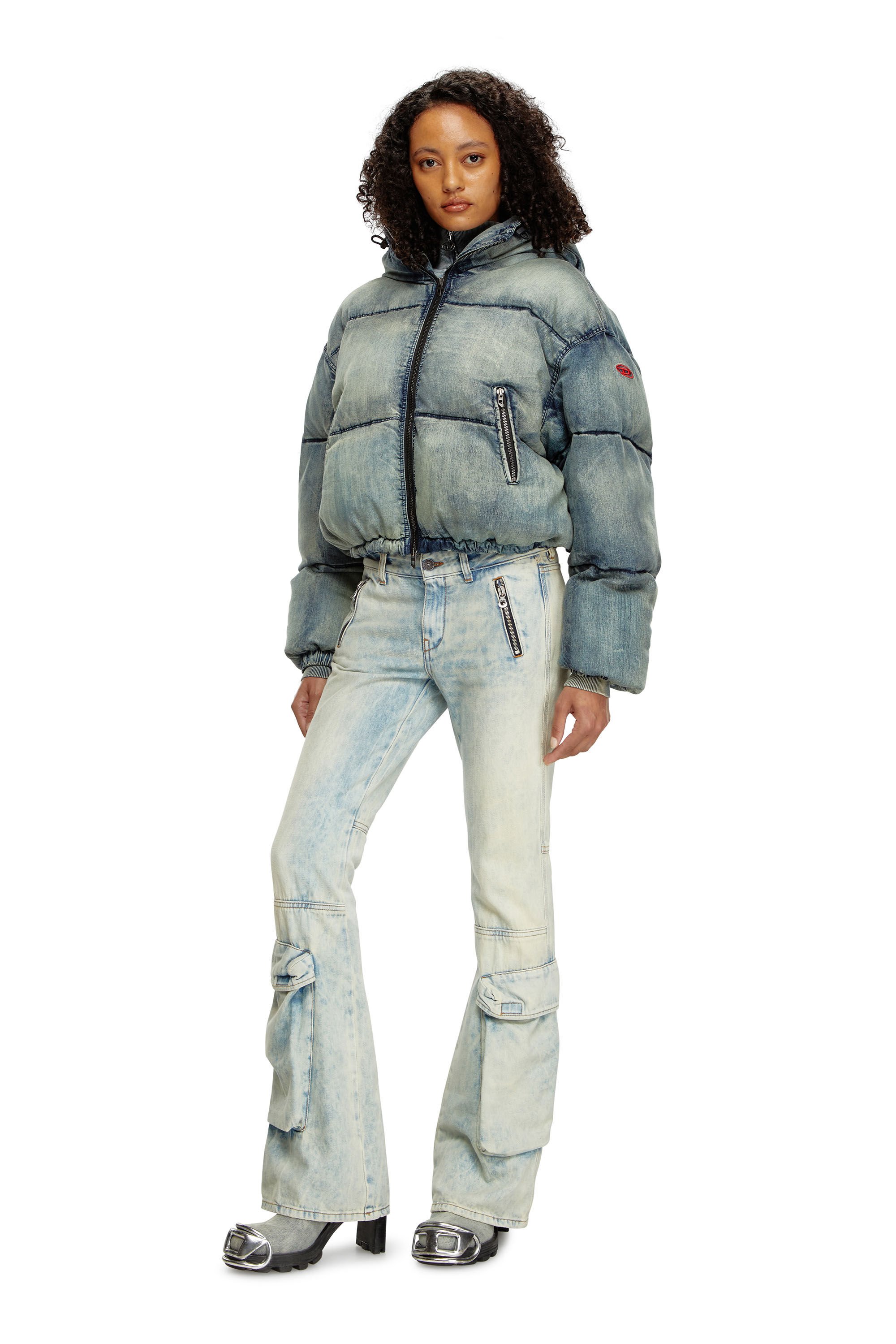 Diesel - W-AVES, Female's Cropped hooded puffer jacket in denim in ブルー - 1