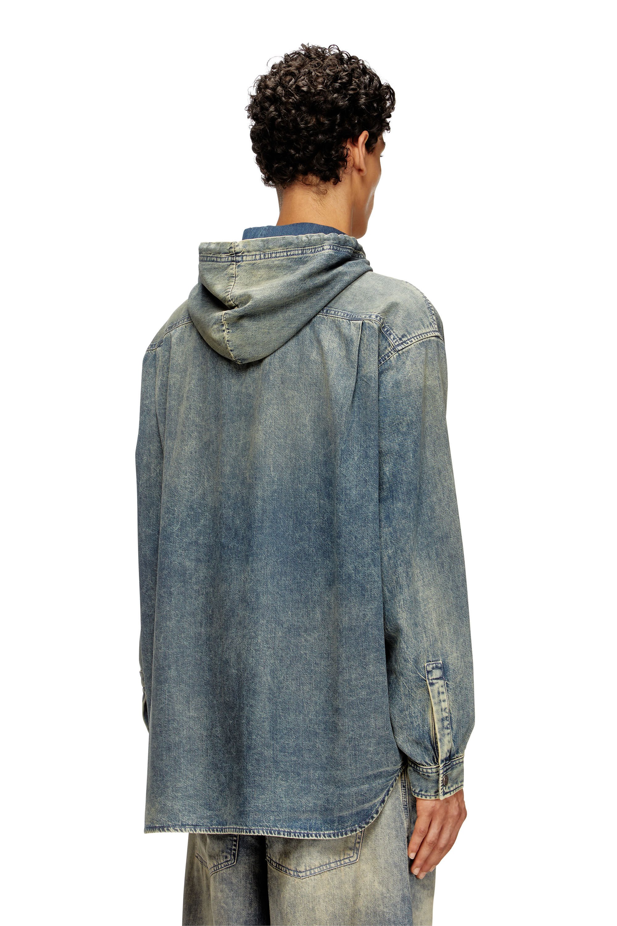 Diesel - D-DEWNY-HOOD-S2, Male's Overshirt in marbled coated denim in ミディアムブルー - 5