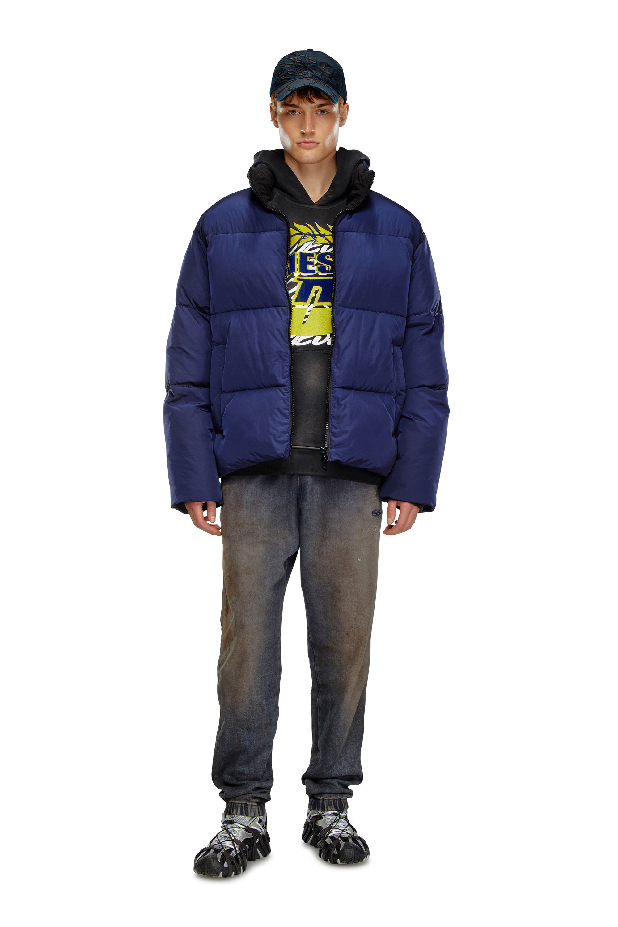 W-RAVEEL Hooded down jacket in wrinkled nylon｜ブルー｜メンズ｜DIESEL