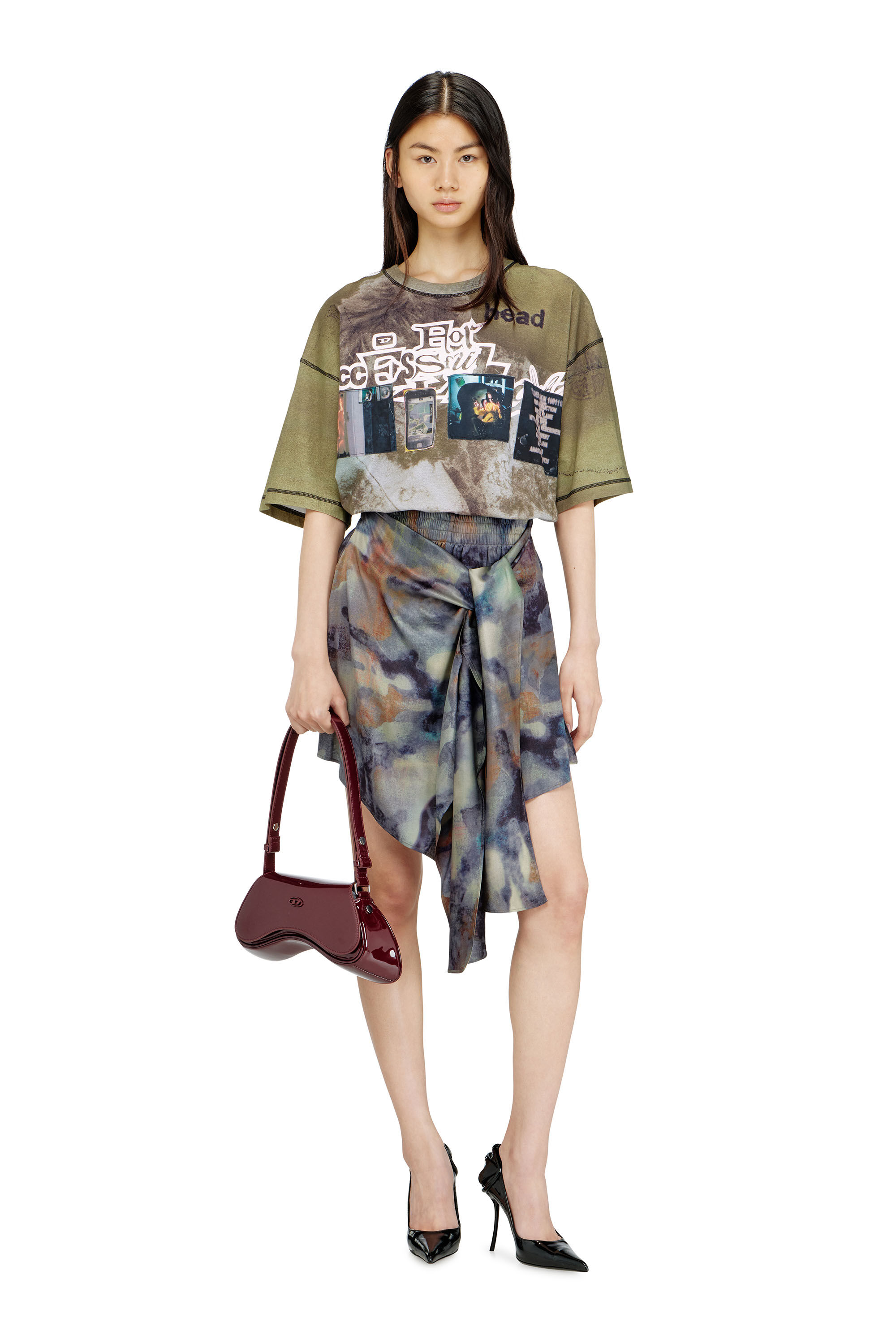 Diesel - S-TALIA, Female's Knotted skort in printed satin in ブルー/グリーン - 1