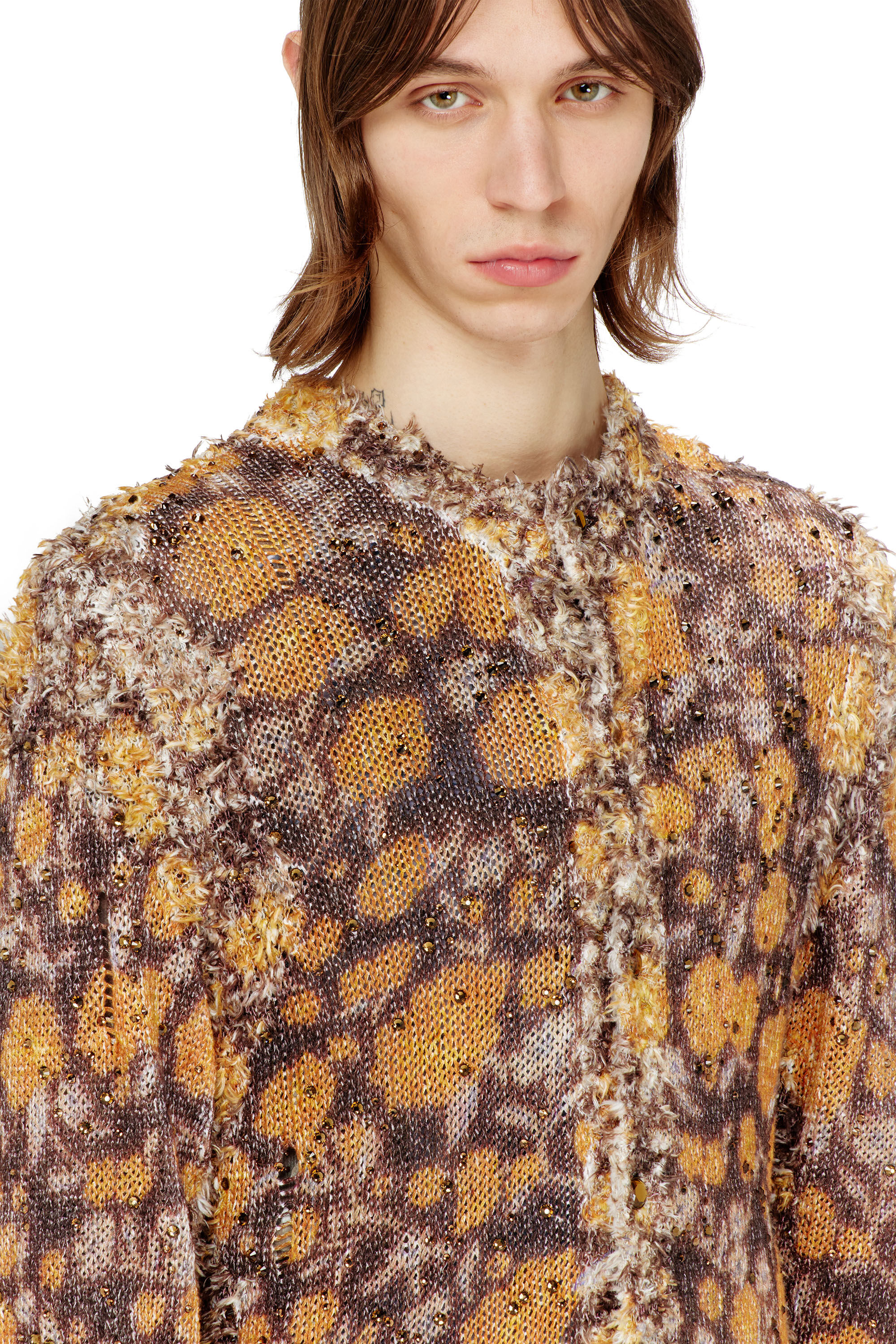 Diesel - K-LINNUS, Male's Printed linen-blend cardigan with crystals in ブラウン/オレンジ - 4