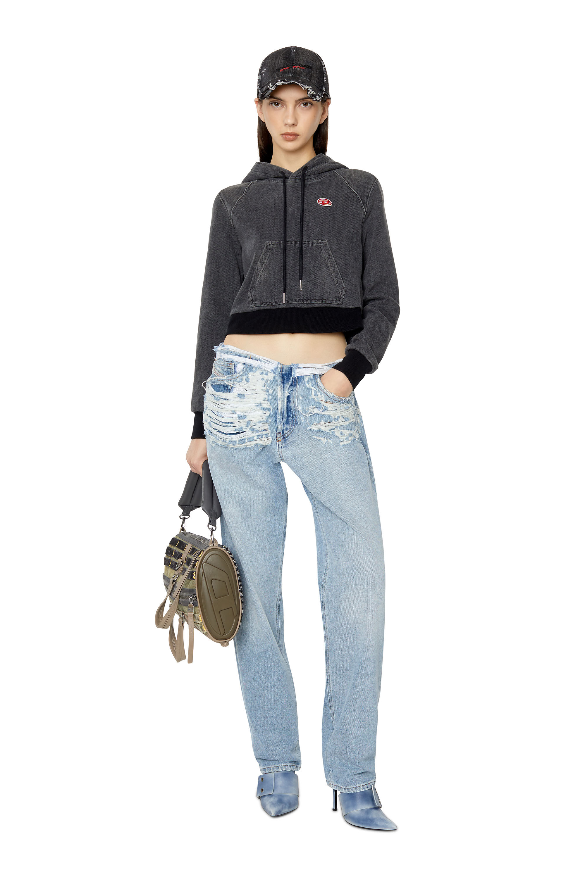 D-ANGY-HOOD-NE（WOMEN）: クロップドスリムフィットスウェット  