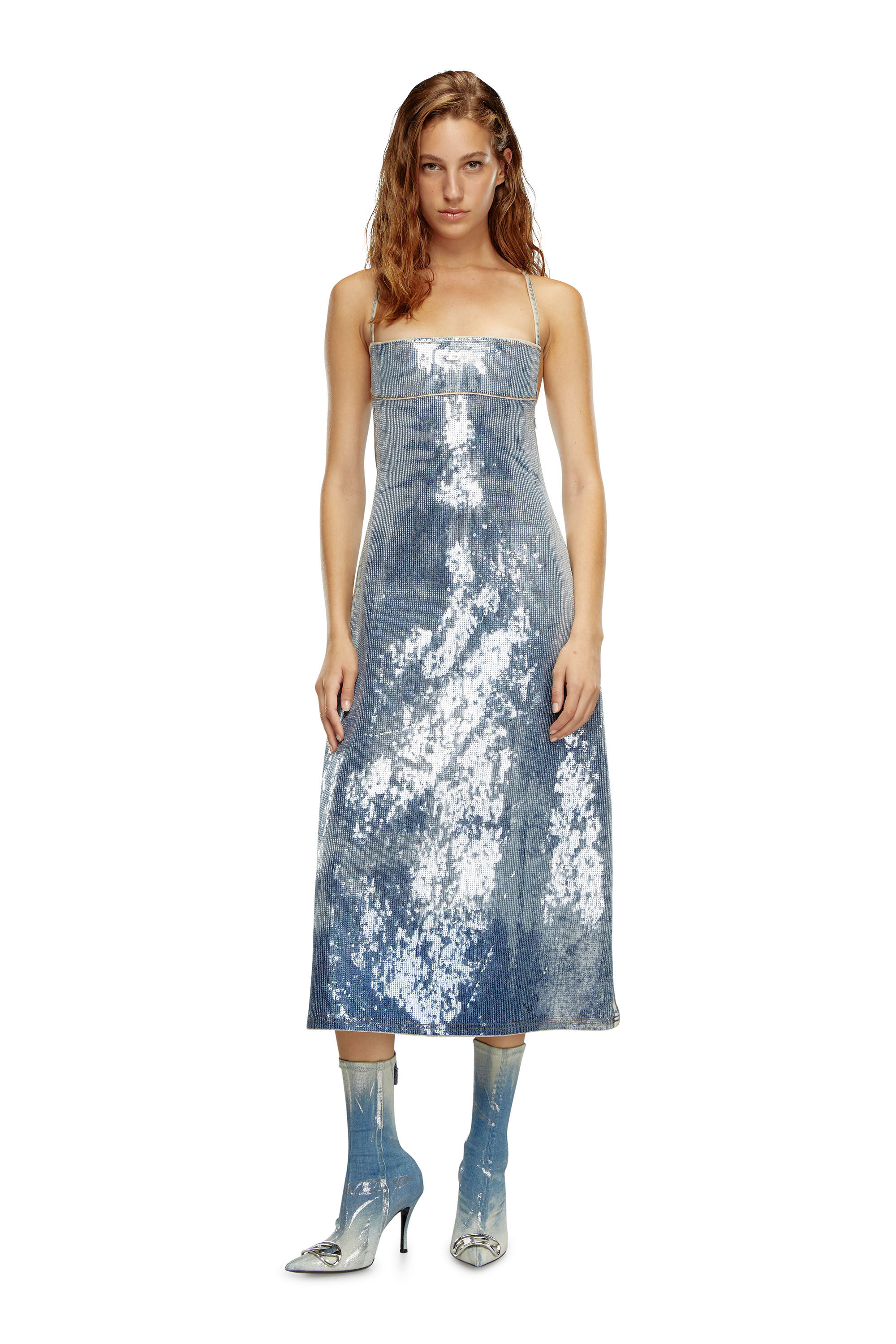 Diesel - DE-HELD-S2, Female's Strappy denim midi dress with sequins in ブルー - 1