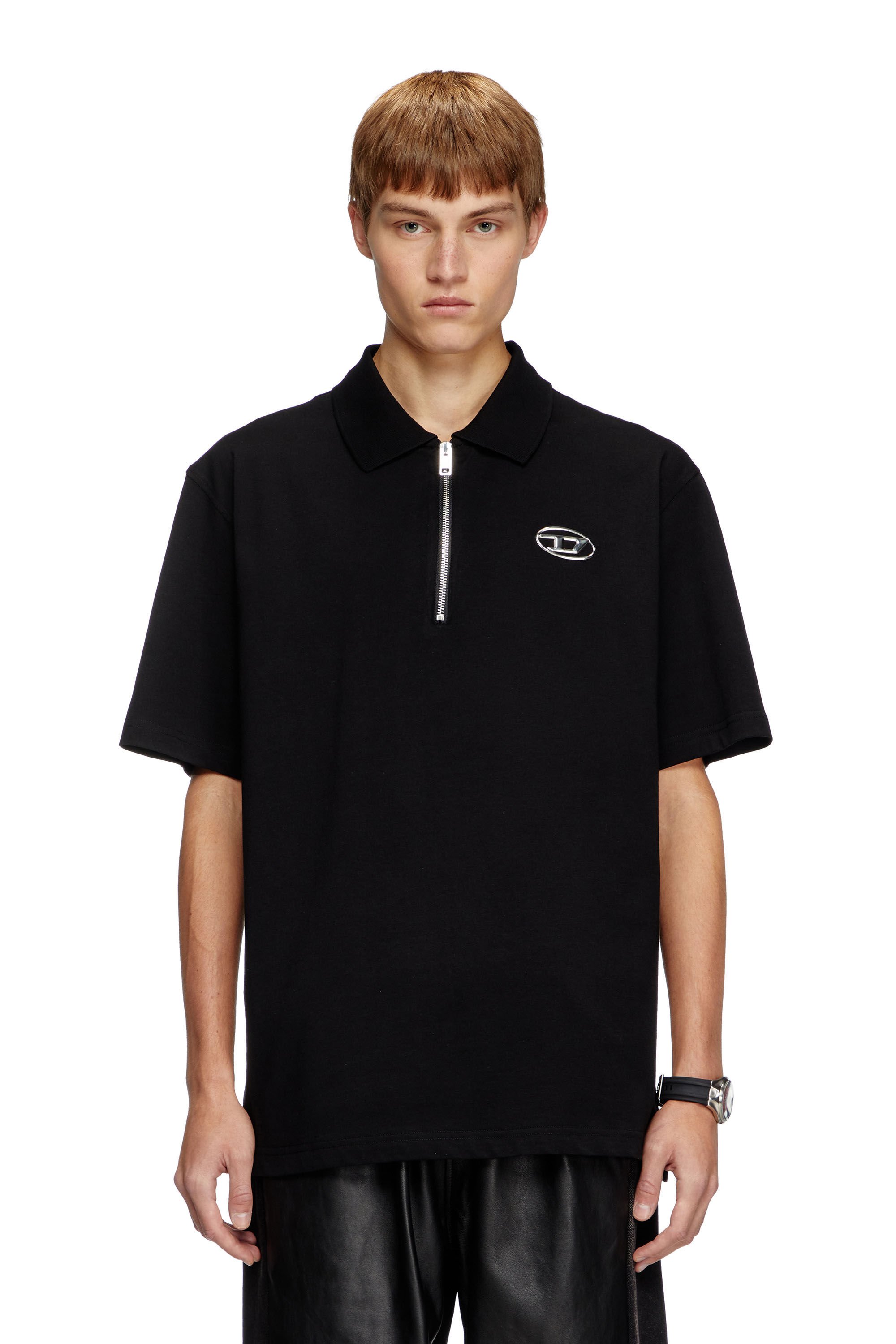 Diesel - T-VOR-OD, Male's Zip front polo shirt with laser cut Oval D in ブラック - 3
