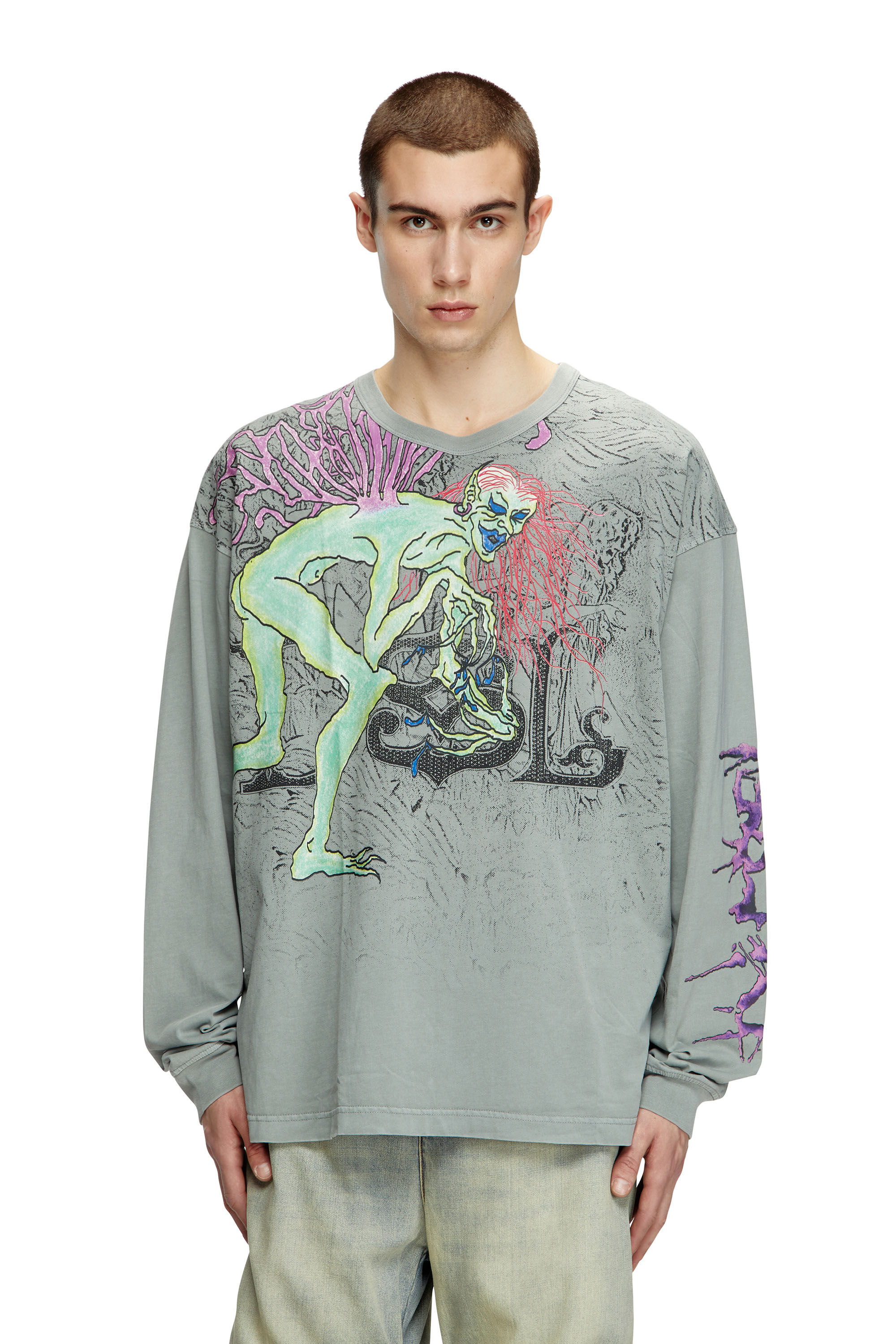 Diesel - T-BOXT-LS-R12, Male's Long-sleeve T-shirt with tattoo graphics in グレー - 3
