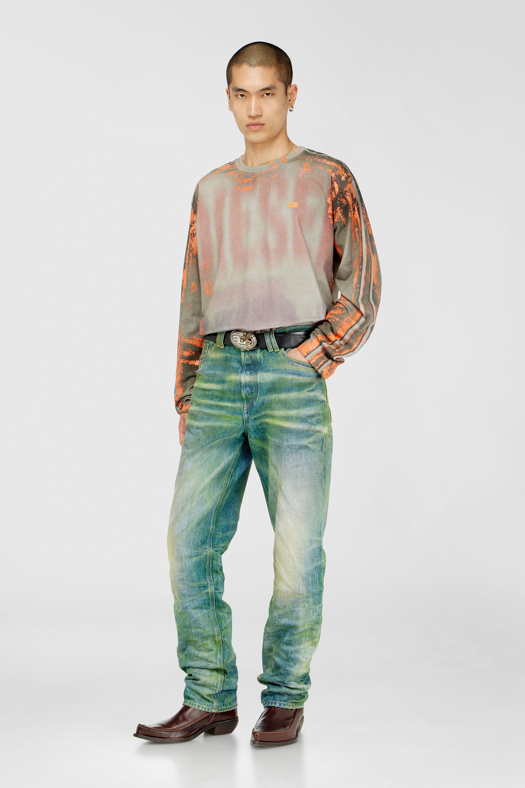 Diesel - T-FILMY, Male's Long-sleeve T-shirt in cracked jersey in グレー/オレンジ - 1