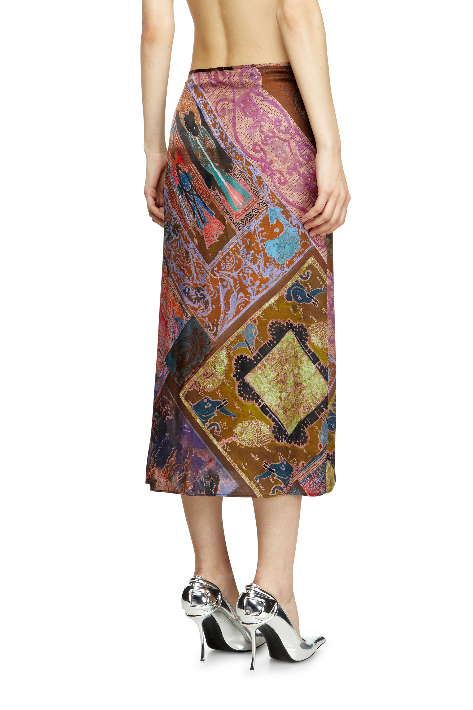 DIESEL>>ディーゼル O-Rchid プリント ミディスカート O-RCHID Viscose midi skirt with Heraldic print｜ブラウン
