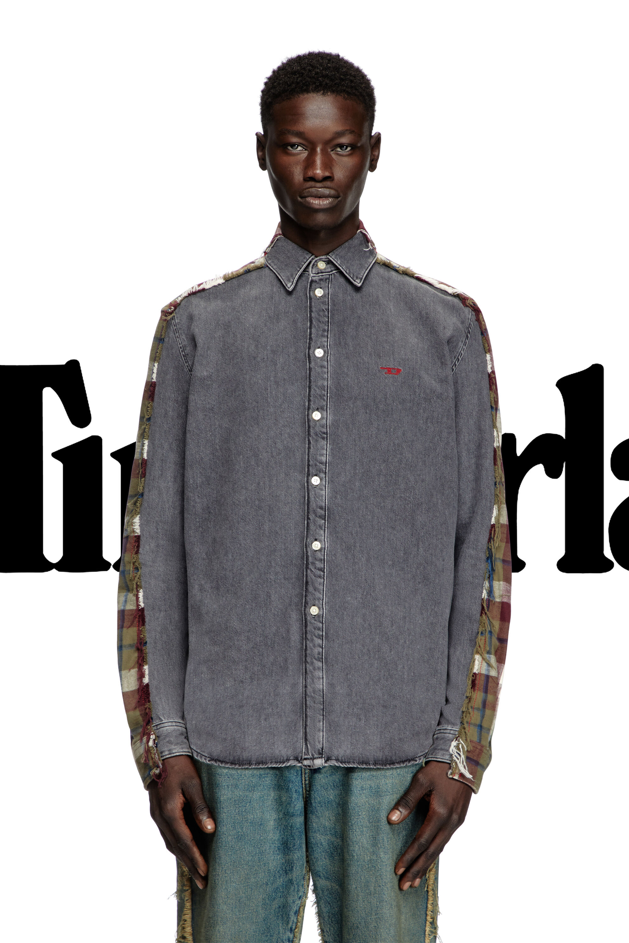 Diesel - Shirt Dieseloves 7A, Unisex's Denim and check shirt in グレー/レッド - 3