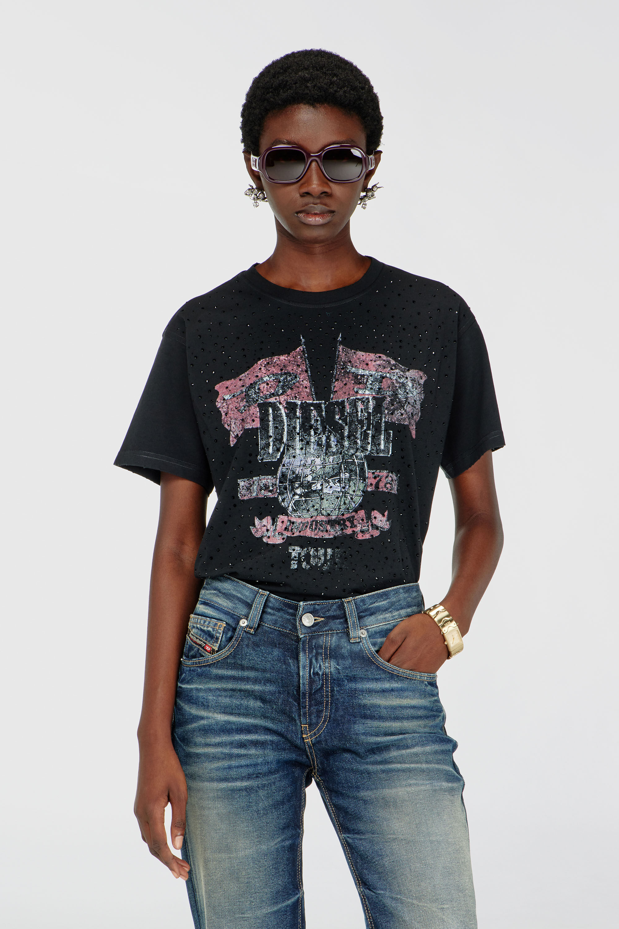 Diesel - T-MARLY, Female's T-shirt with concert graphics and crystals in null - 3
