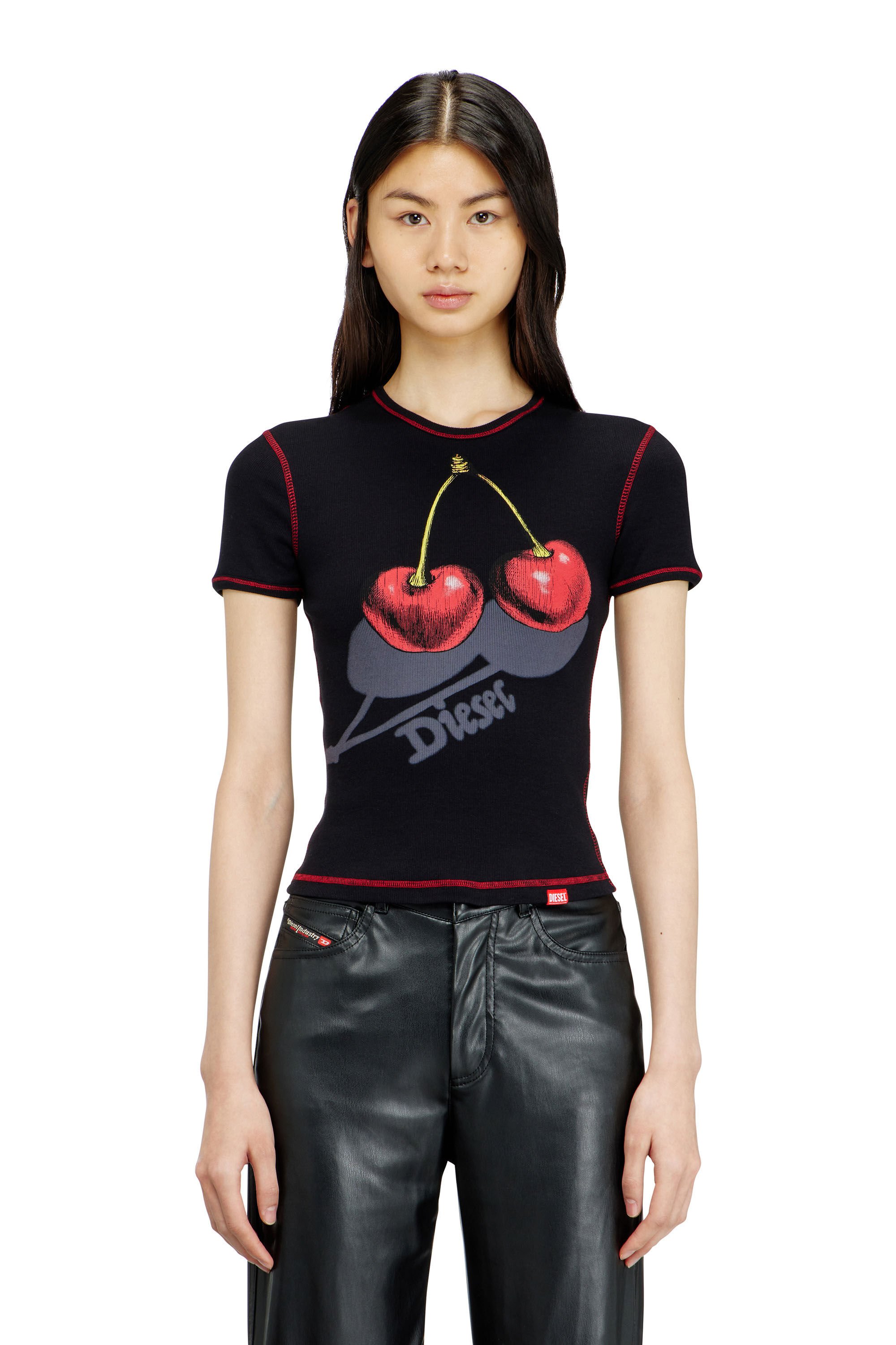 SV-T-ELE-CHER Slim cotton T-shirt with cherry print｜ブラック