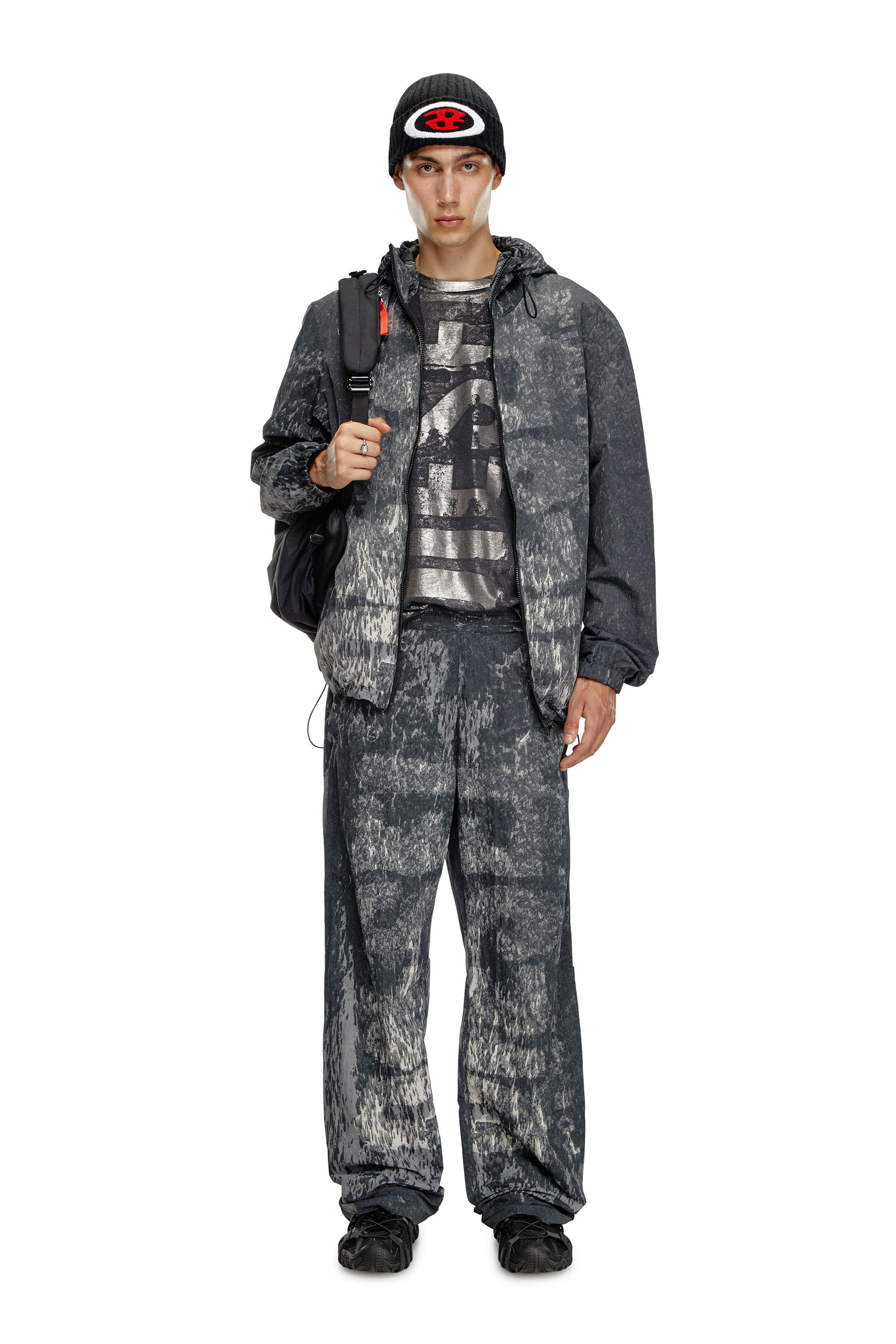 J-BRICK Hooded windbreaker with Rain Camo print｜ブラック｜メンズ｜DIESEL