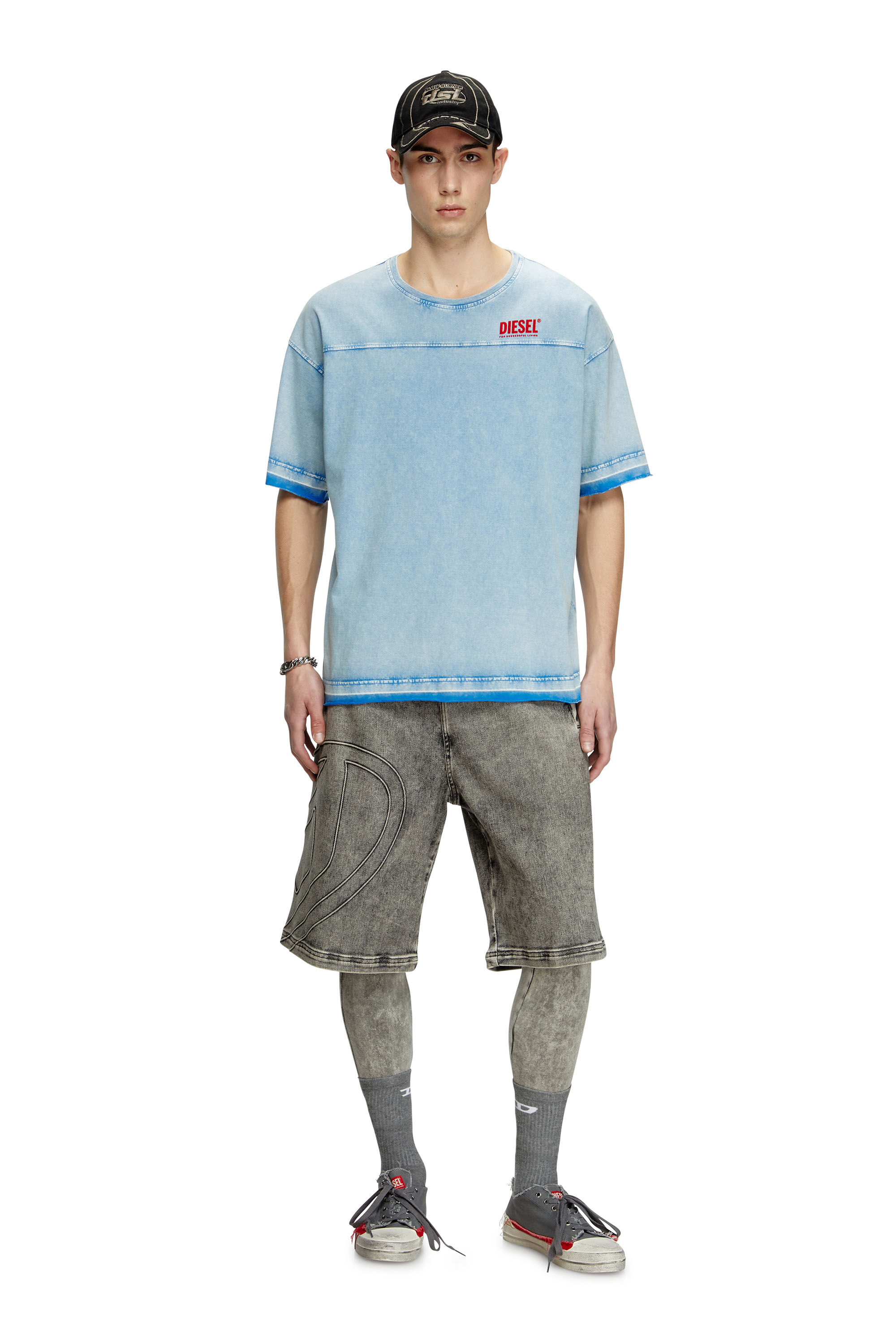 Diesel - T-HOXT, Male's Denim-look T-shirt with released hems in ライトブルー - 1
