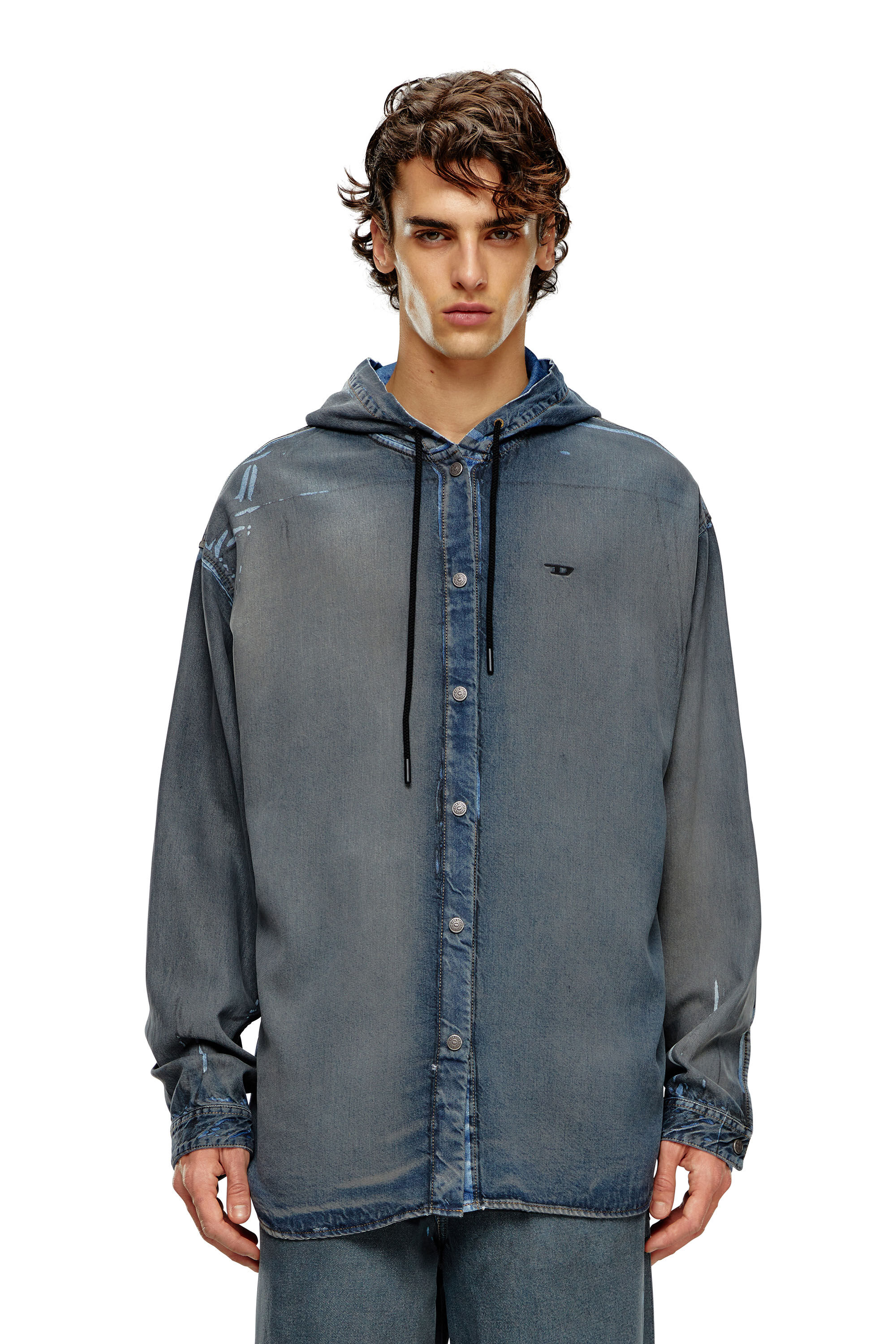 D-DEWNY-HOOD-S1 Hybrid shirt in worn-effect coated denim｜ブルー 