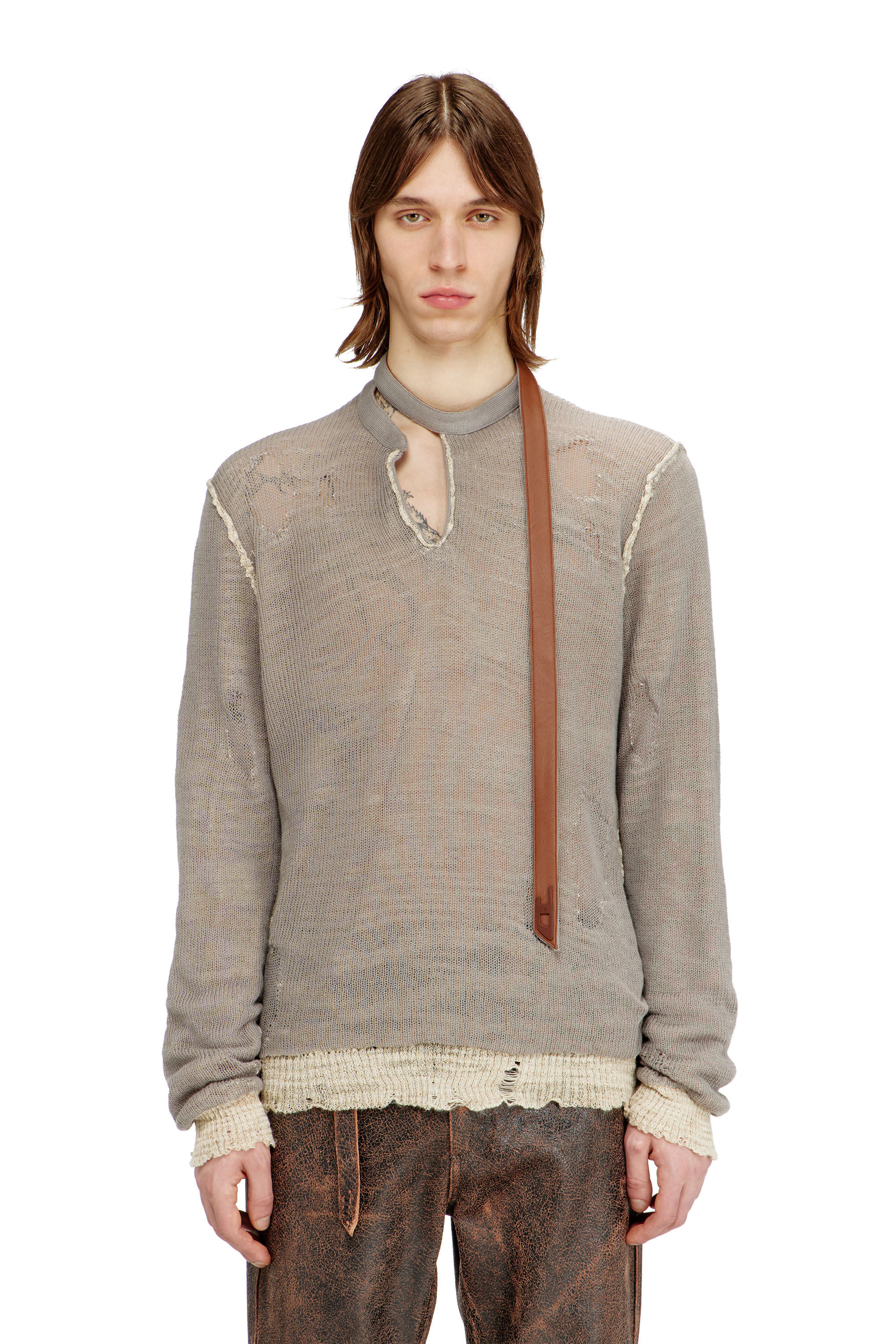 K-DAIANERIS Distressed jumper with biker neck strap｜ブラウン