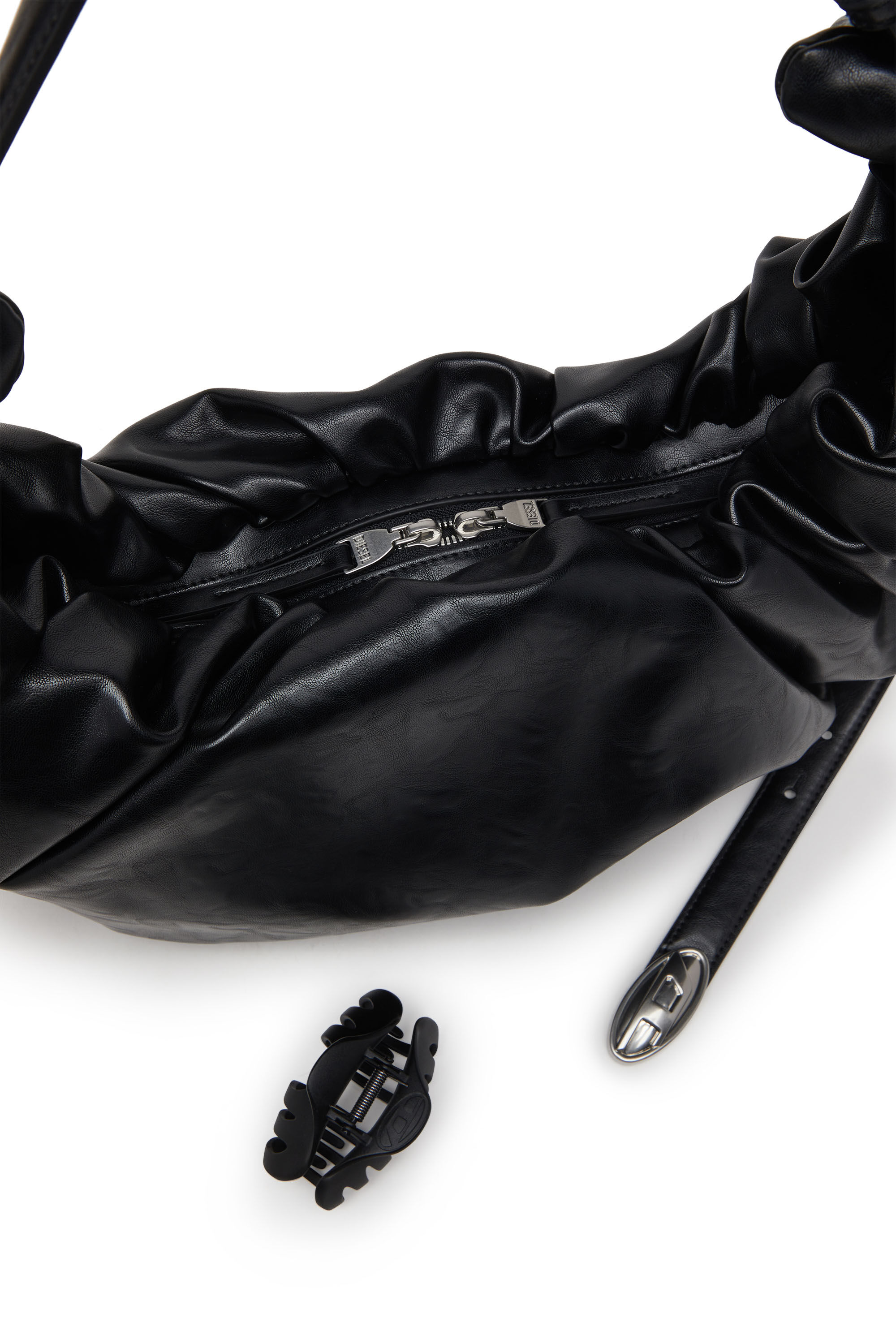 Diesel - GRAB-D HOBO L, Female's Grab-D L-Large scrunched hobo bag in shiny PU in ブラック - 5