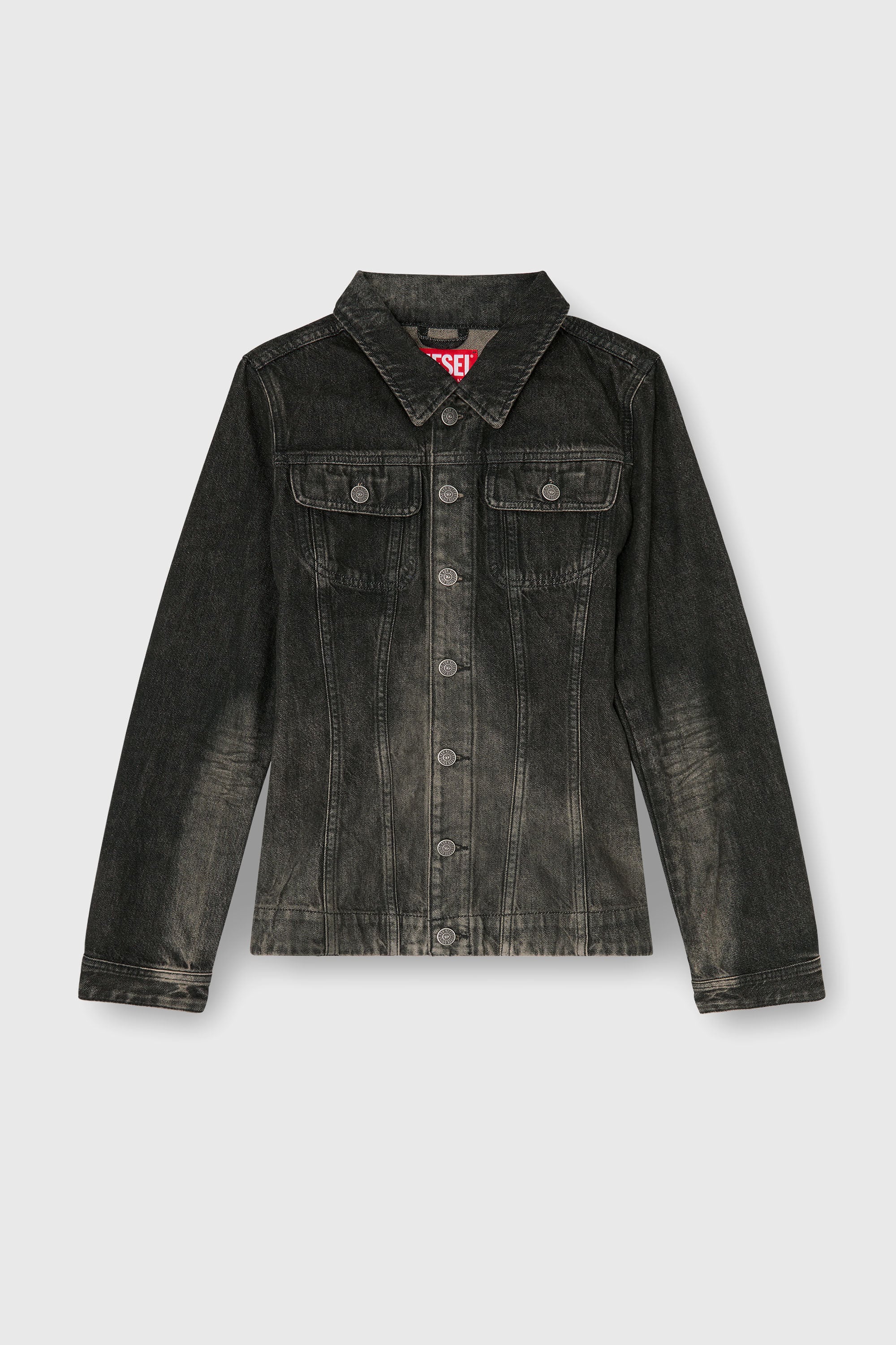 Diesel - DE-KATERIN-FSJ, Female's Fitted trucker jacket in dirty-effect denim in ブラック/ダークグレー - 2