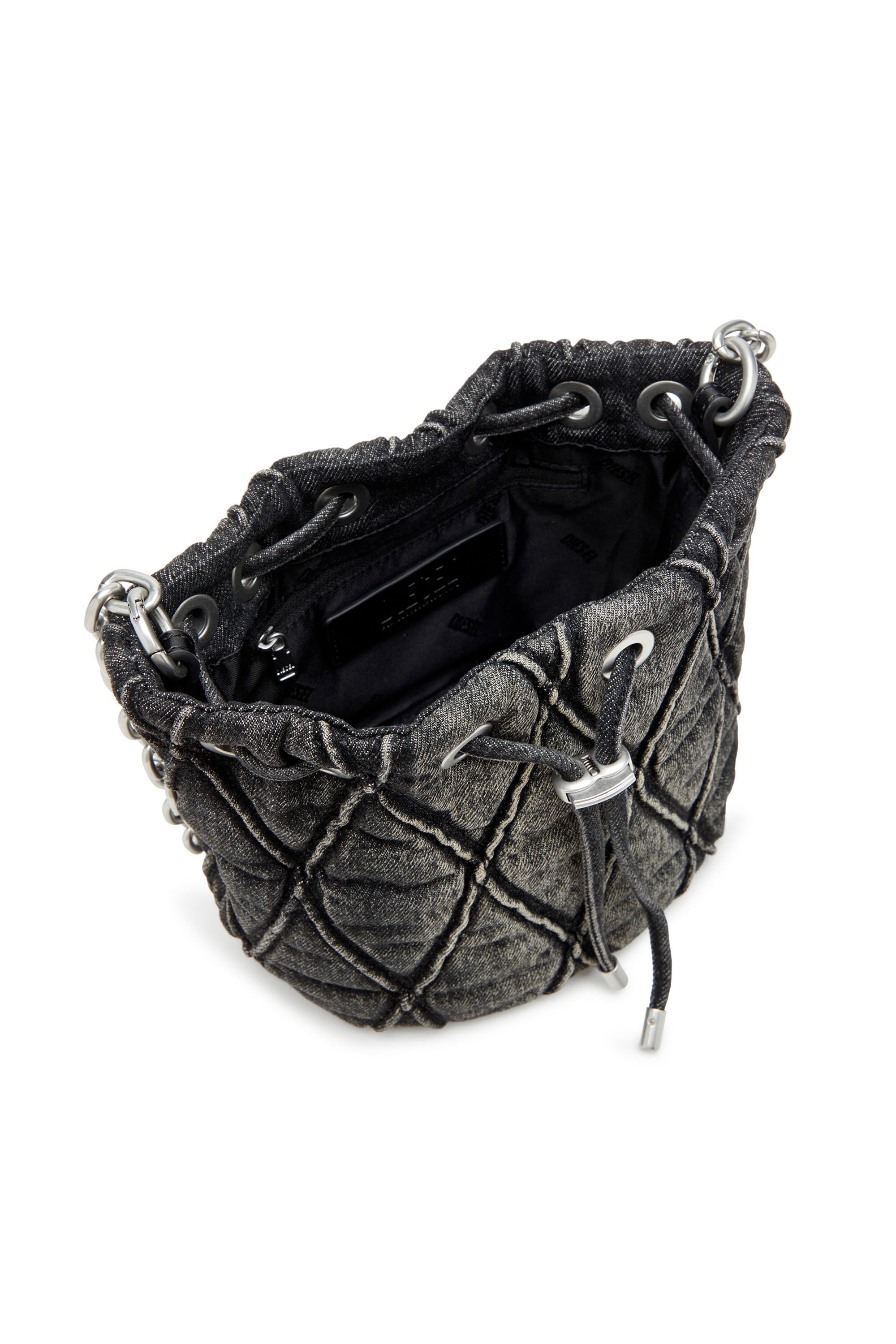 Diesel - CHARM-D BUCKET S, Female's Charm-D S-Mini bucket bag in treated quilted denim in ブラック - 5