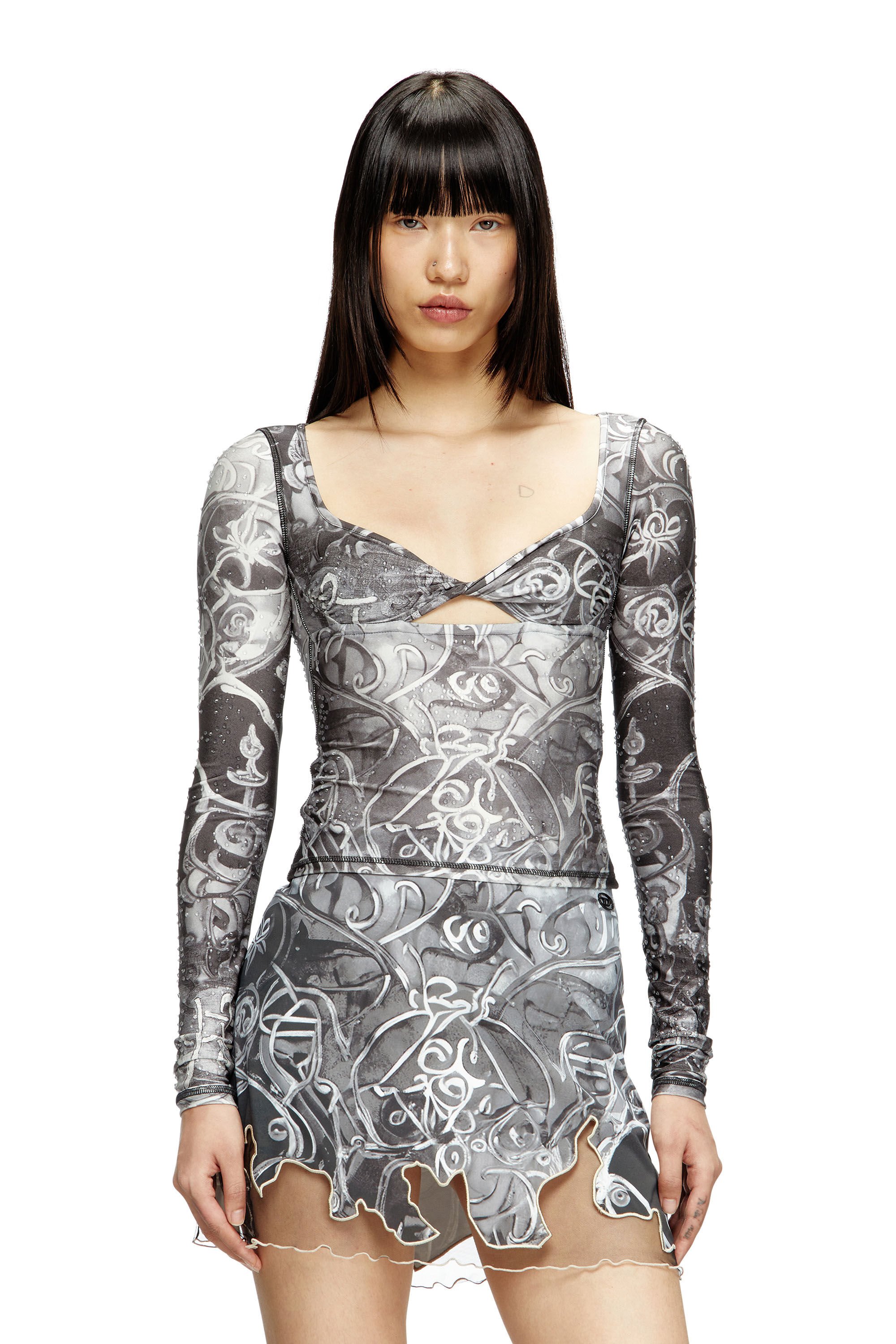 Diesel - T-ANTICA-LS, Female's Printed top with crystal droplets in グレー - 3