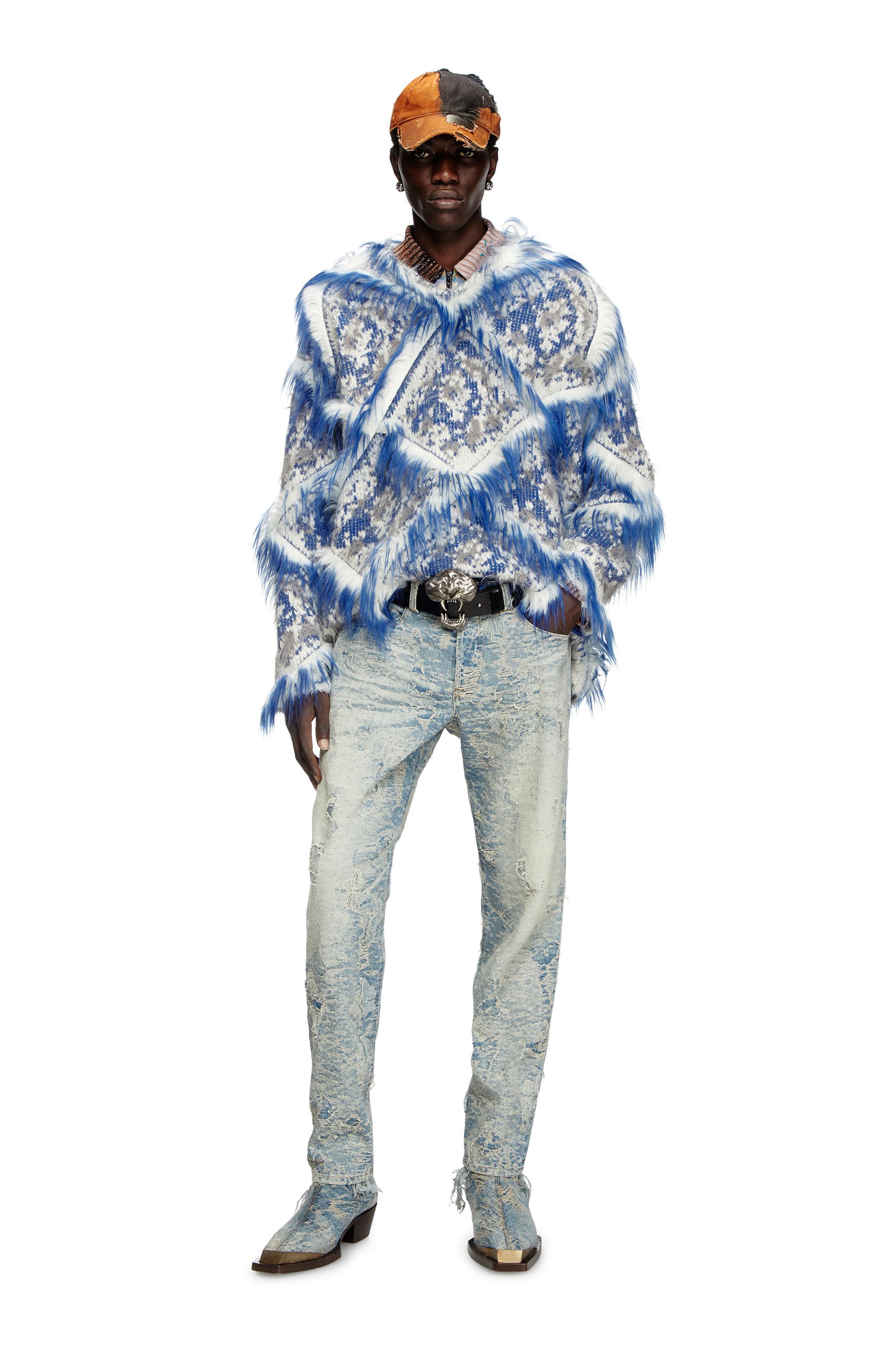 Diesel - K-OTELLO, Male's Argyle jumper with fuzzy trims in ブルー - 1
