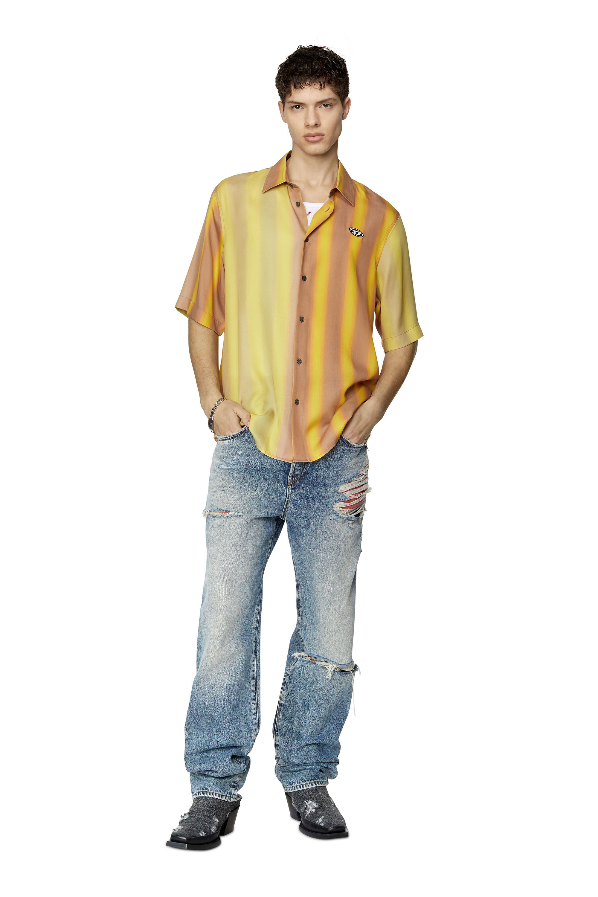 Diesel - S-SING-STRI, Male's 半袖 ストライプ シャツ in Yellow - 1
