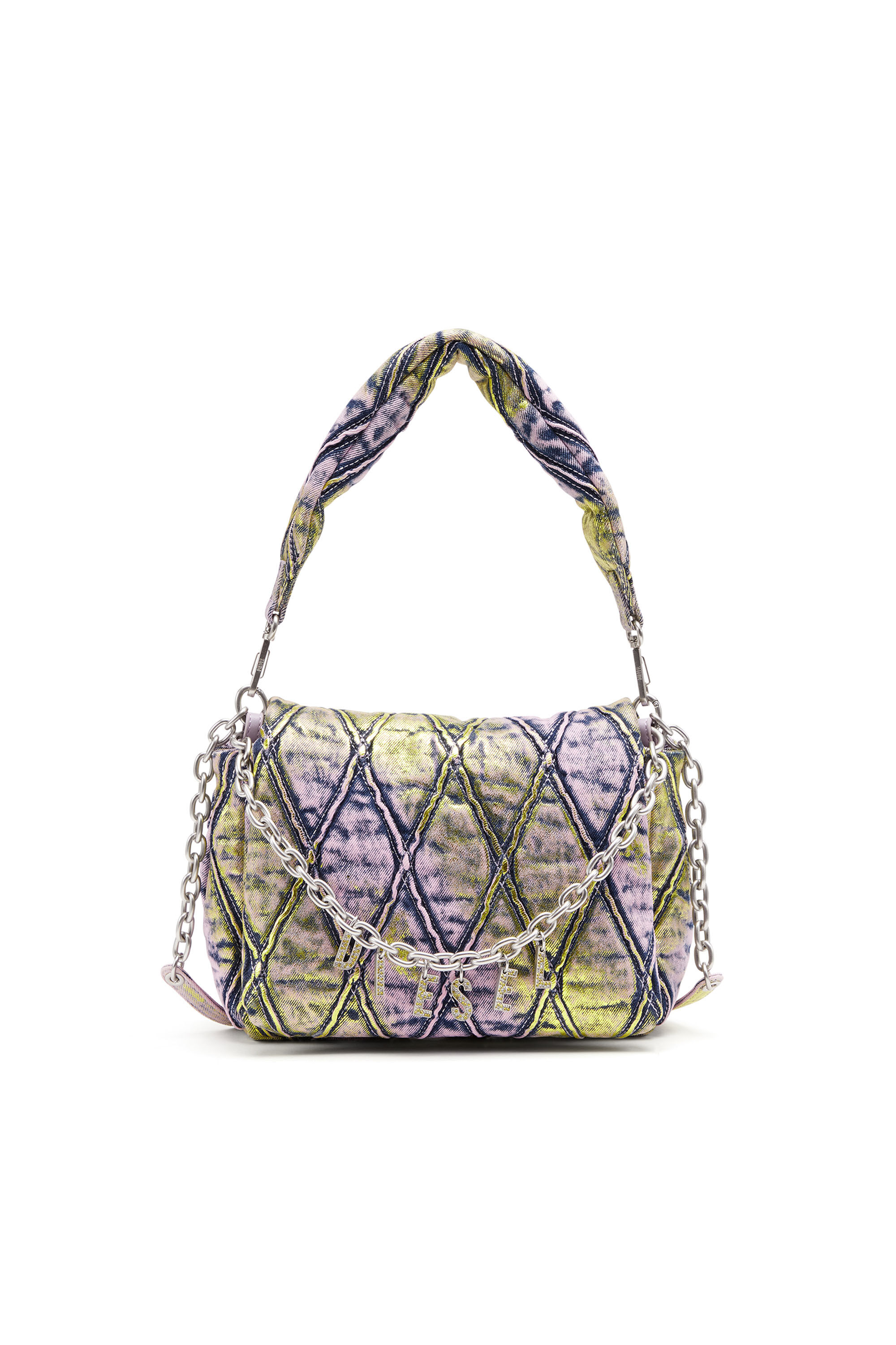 Diesel - CHARM-D SHOULDER M, Female's Charm-D M-Shoulder bag in shimmering quilted denim in ピンク/イエロー - 2