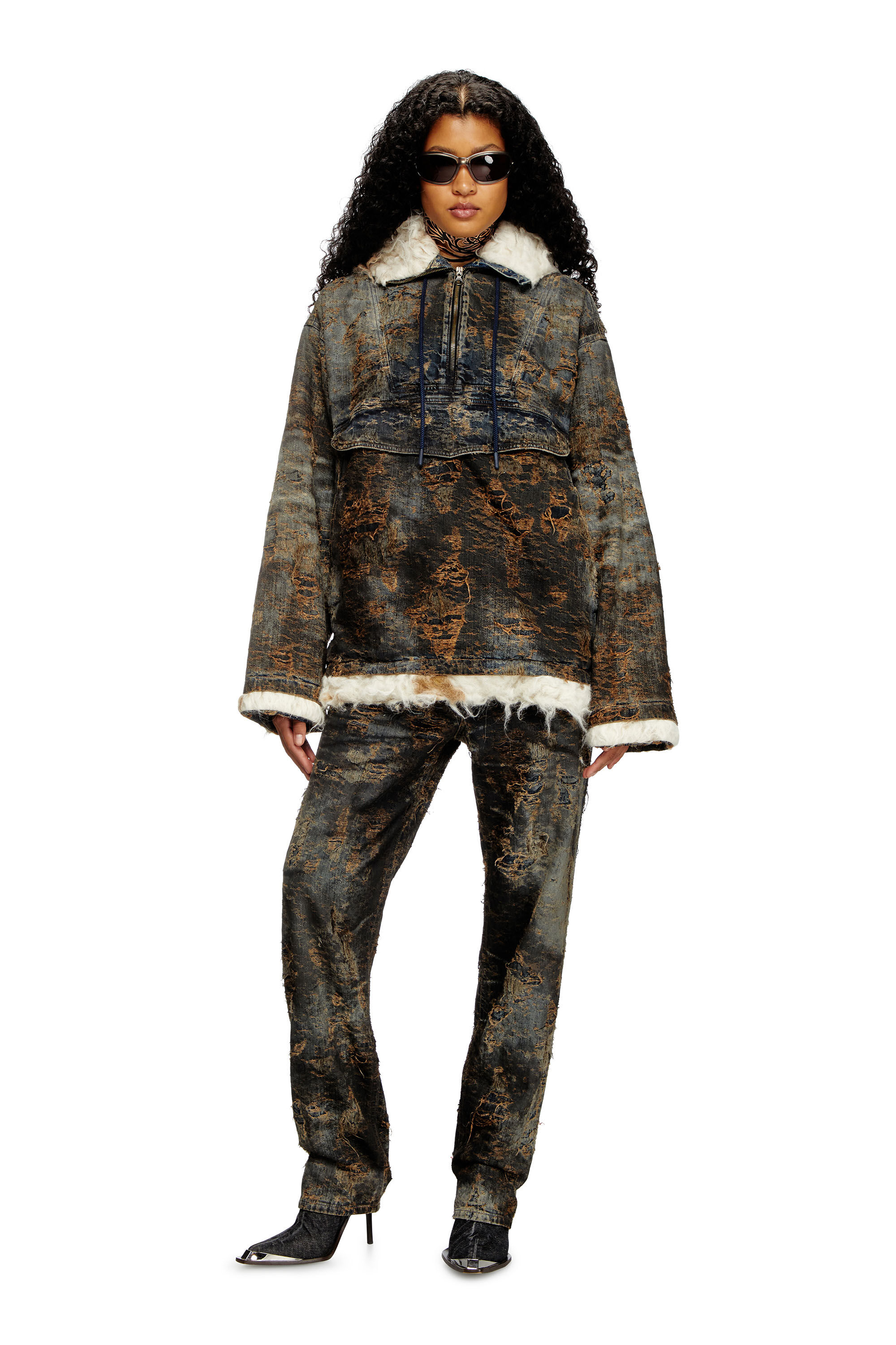 Diesel - D-ARAK-FSF, Unisex's Anorak in coated jacquard denim in ブラック/ブラウン - 7