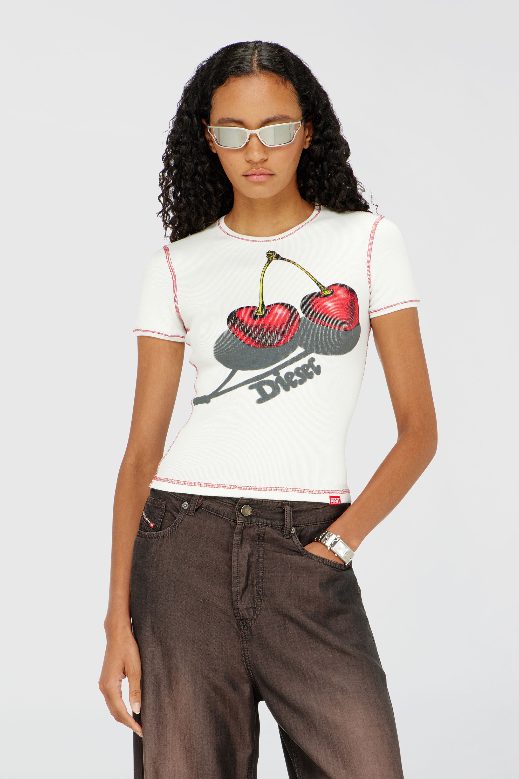 SV-T-ELE-CHER Slim cotton T-shirt with cherry print｜ホワイト