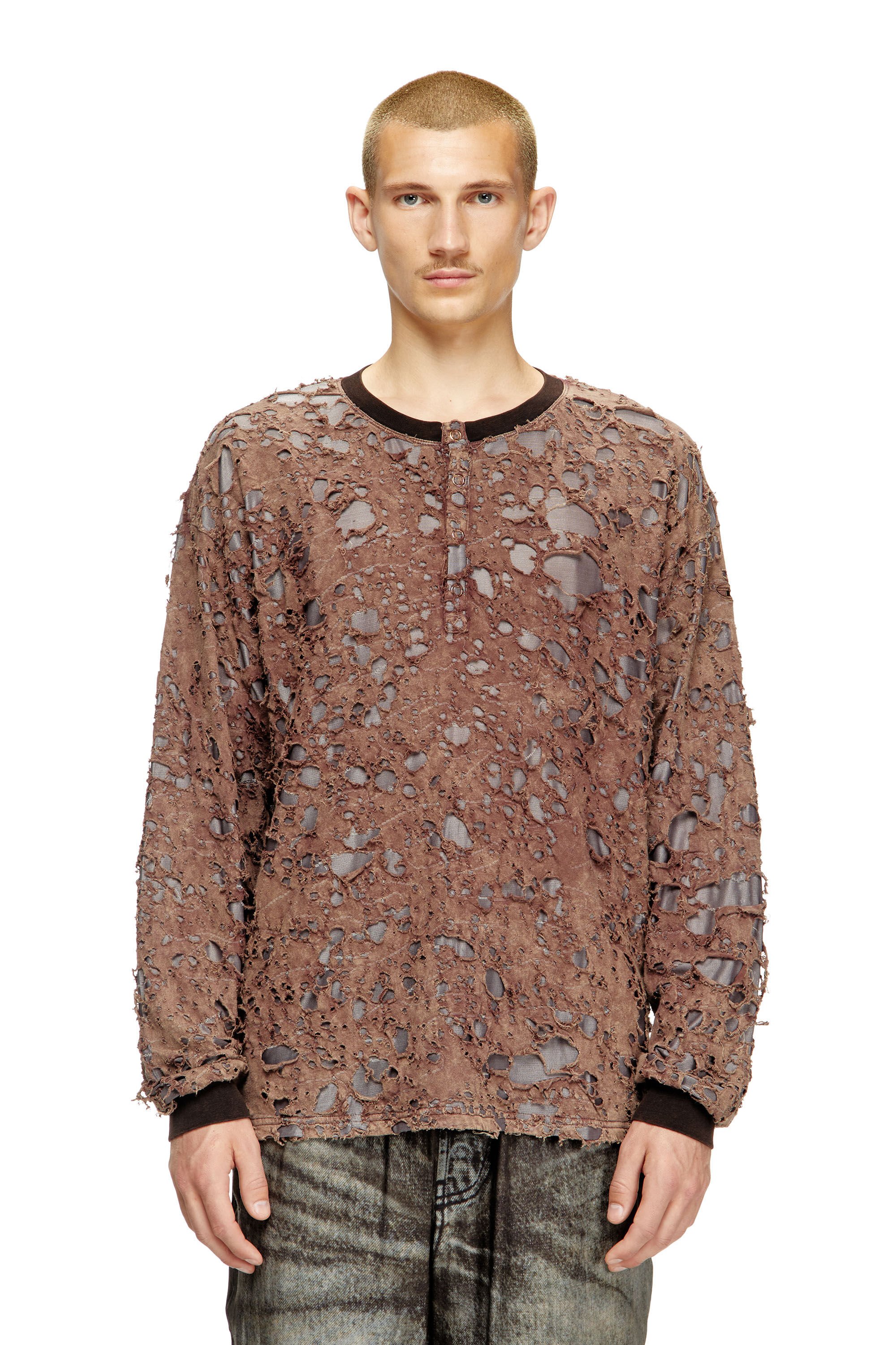 Diesel - T-OVERT, Male's Long-sleeve T-shirt in destroyed jersey in ブラウン - 3