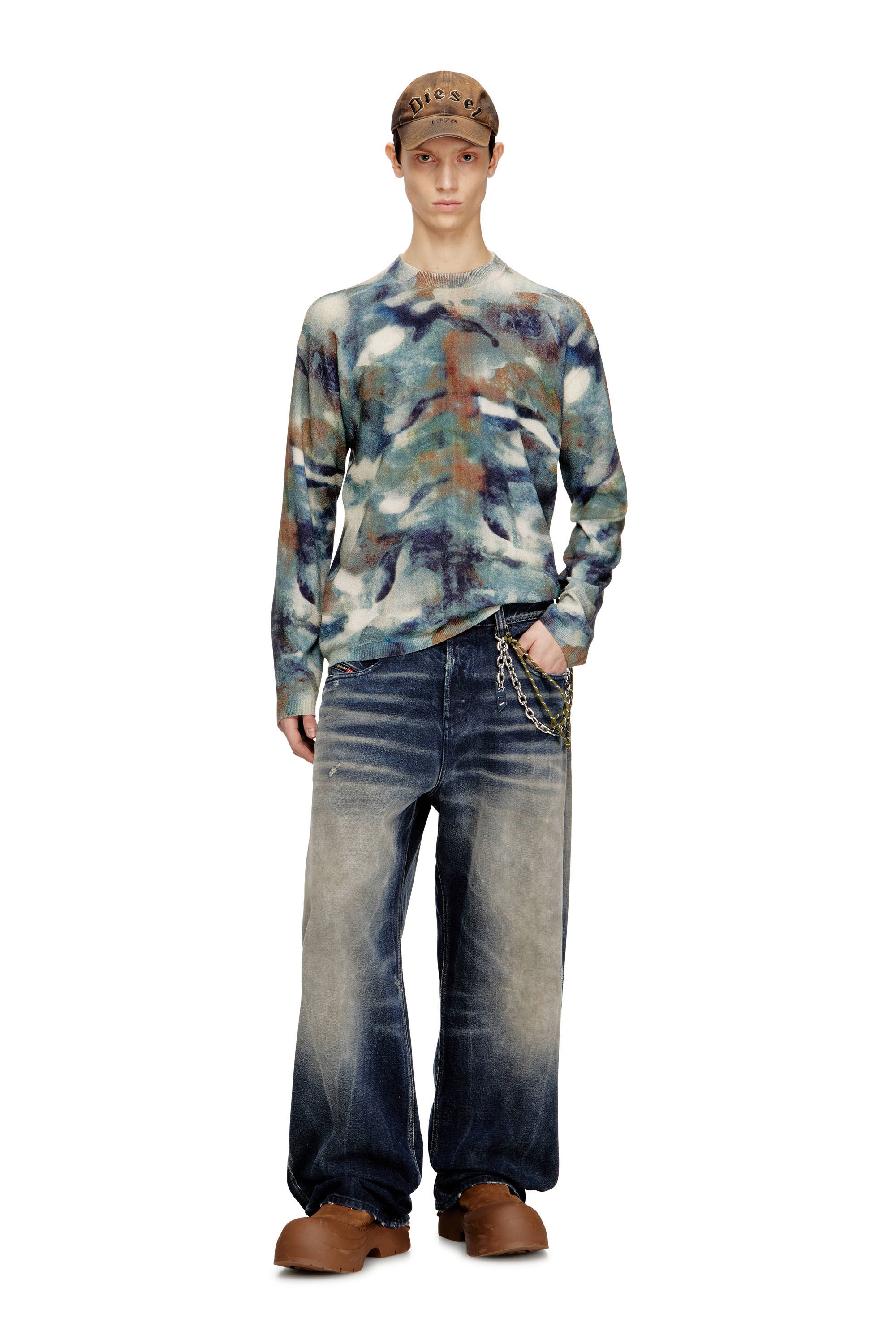 Diesel - K-ILLUM, Male's Sponge-yarn jumper with abstract print in ベージュ/ブルー - 1