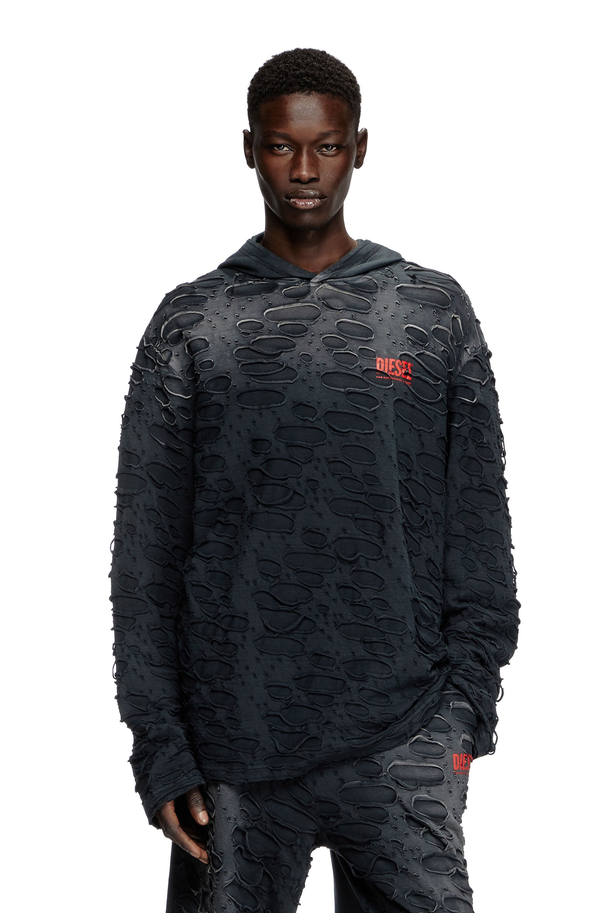Diesel - T-CRANE-LS-HOOD, Male's Hooded long-sleeve T-shirt with holes in ブラック - 3