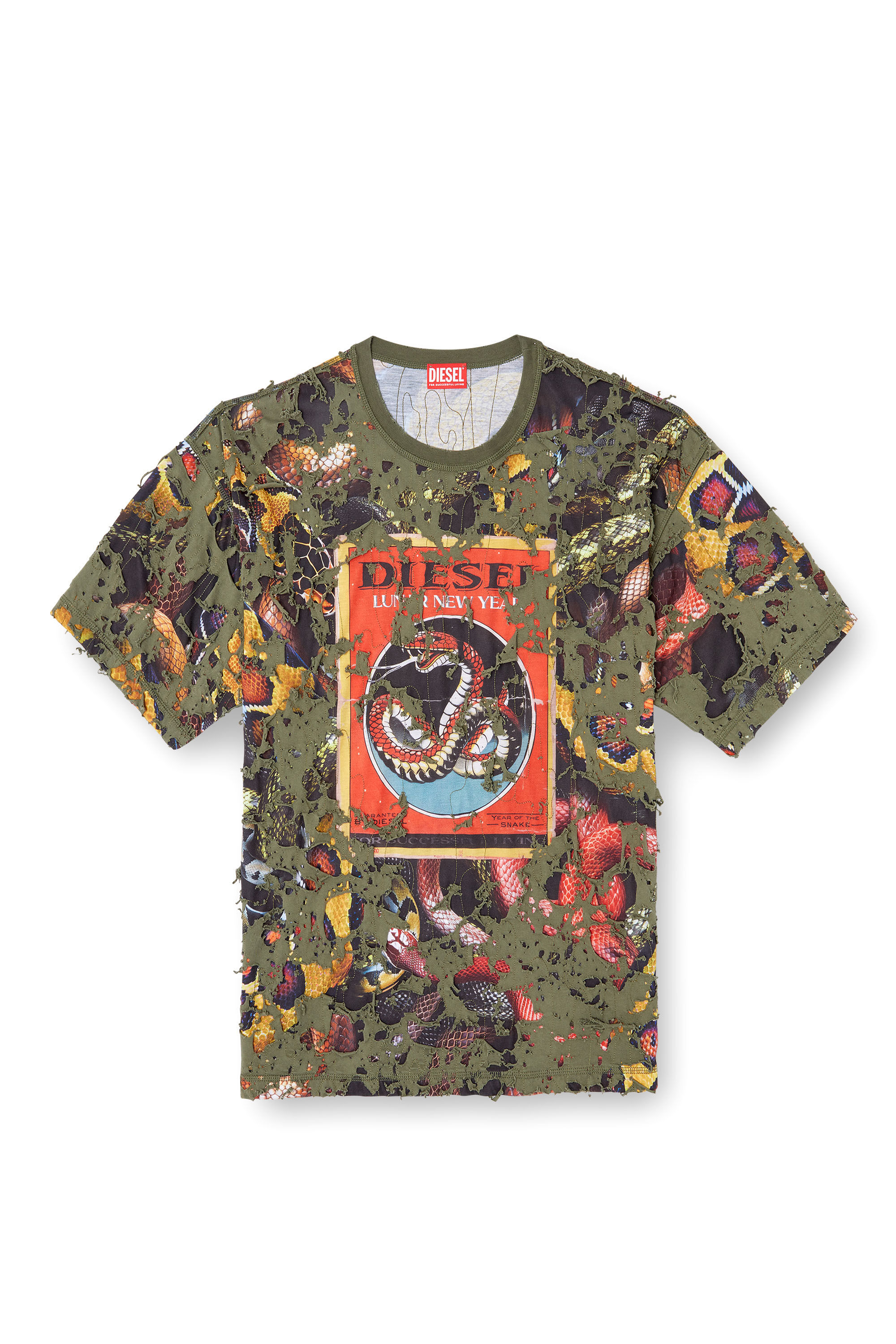 Diesel - CL-T-BOXT-DEVOR-SNAKE, Unisex's Snake-print T-shirt with destroyed overlay in オリーブグリーン - 2