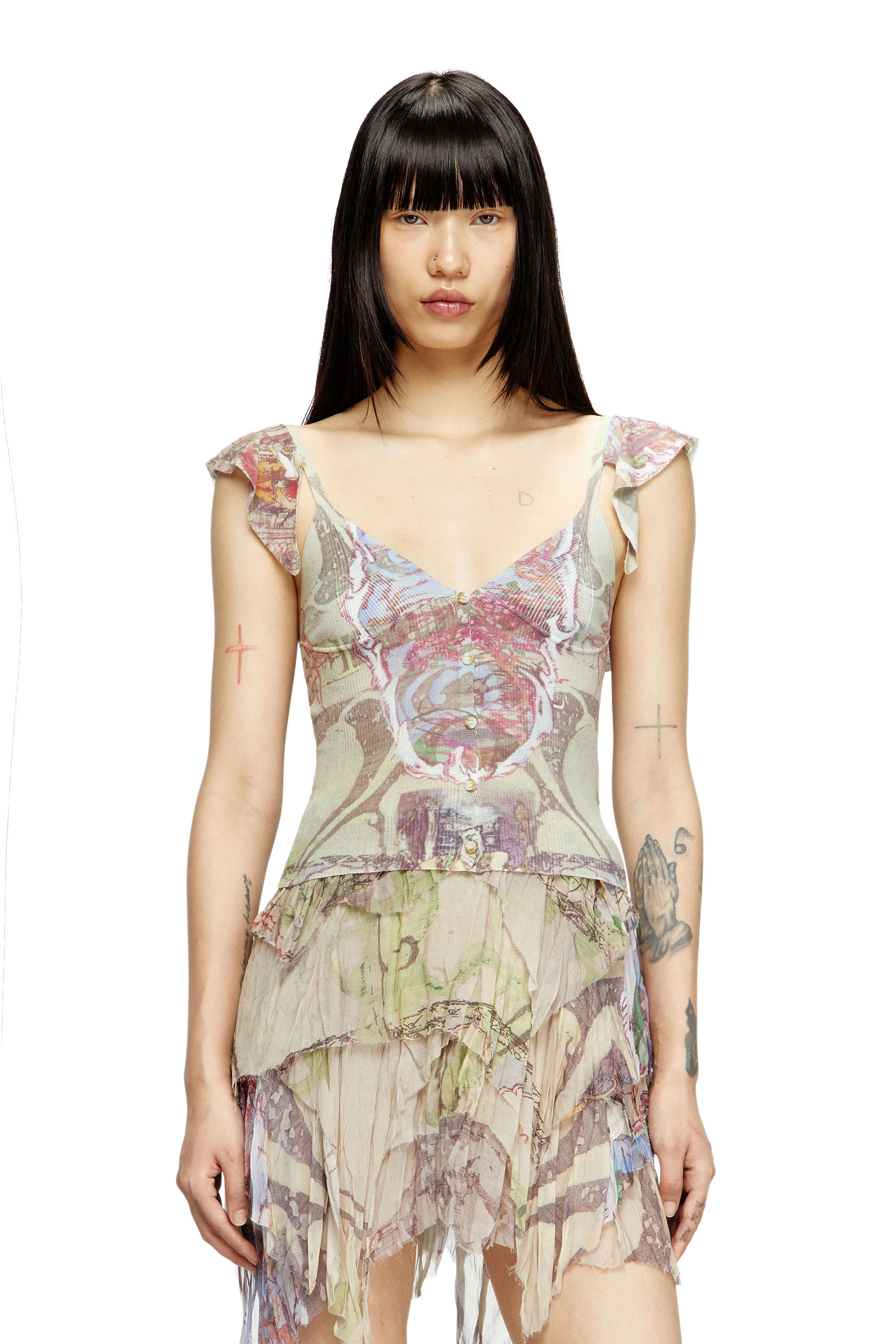 Diesel - M-FIORE, Female's Ruffle-shoulder knit top with medieval print in ベージュ - 3