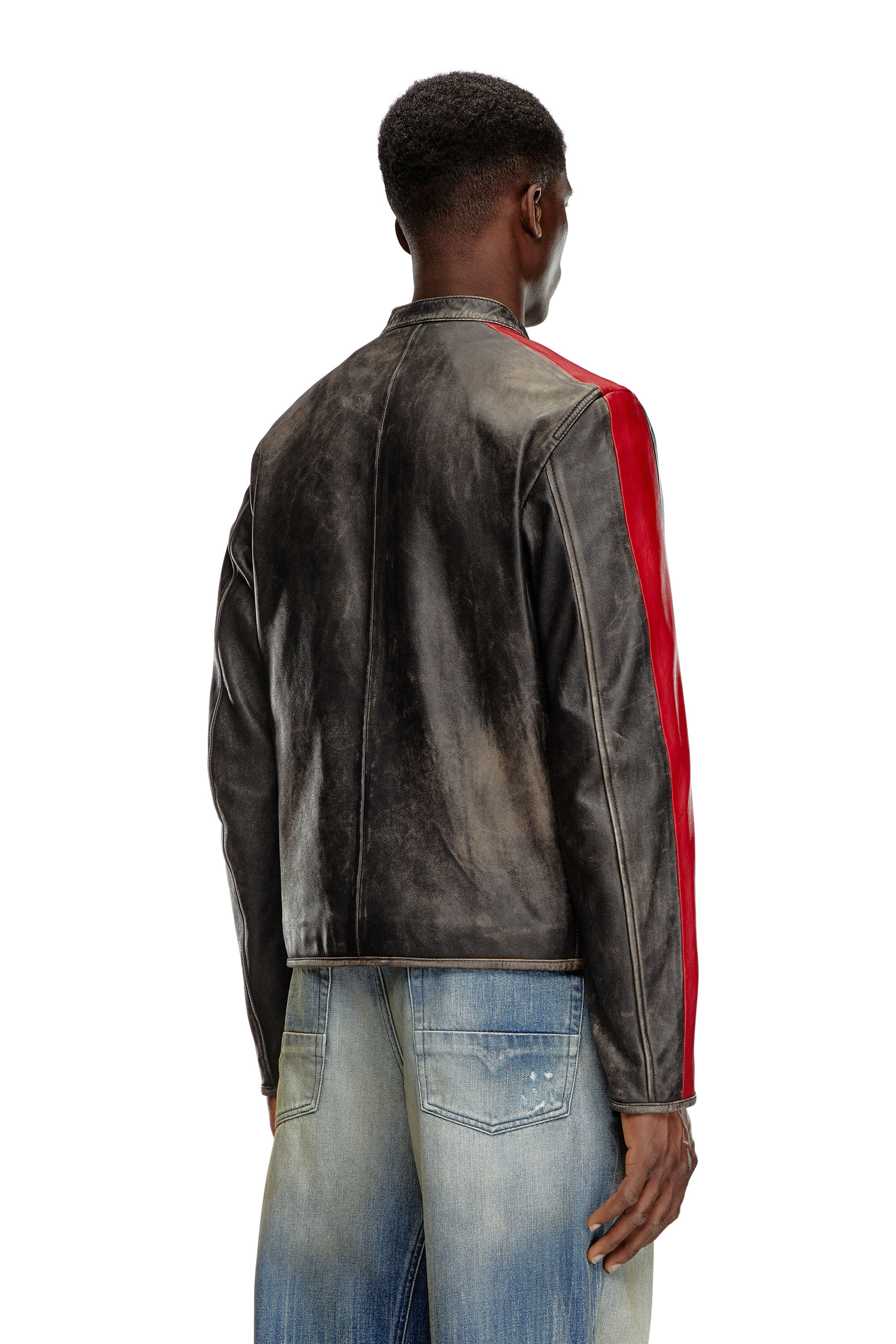 Diesel - L-RENN, Male's Leather jacket with contrasting stripes in ブラック/レッド - 5