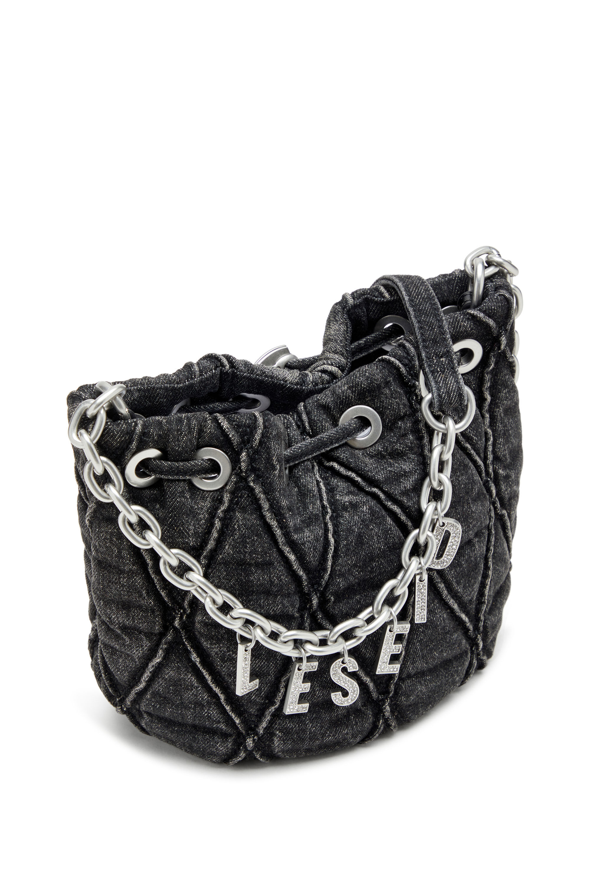 Diesel - CHARM-D BUCKET S, Female's Charm-D S-Mini bucket bag in treated quilted denim in ブラック - 6