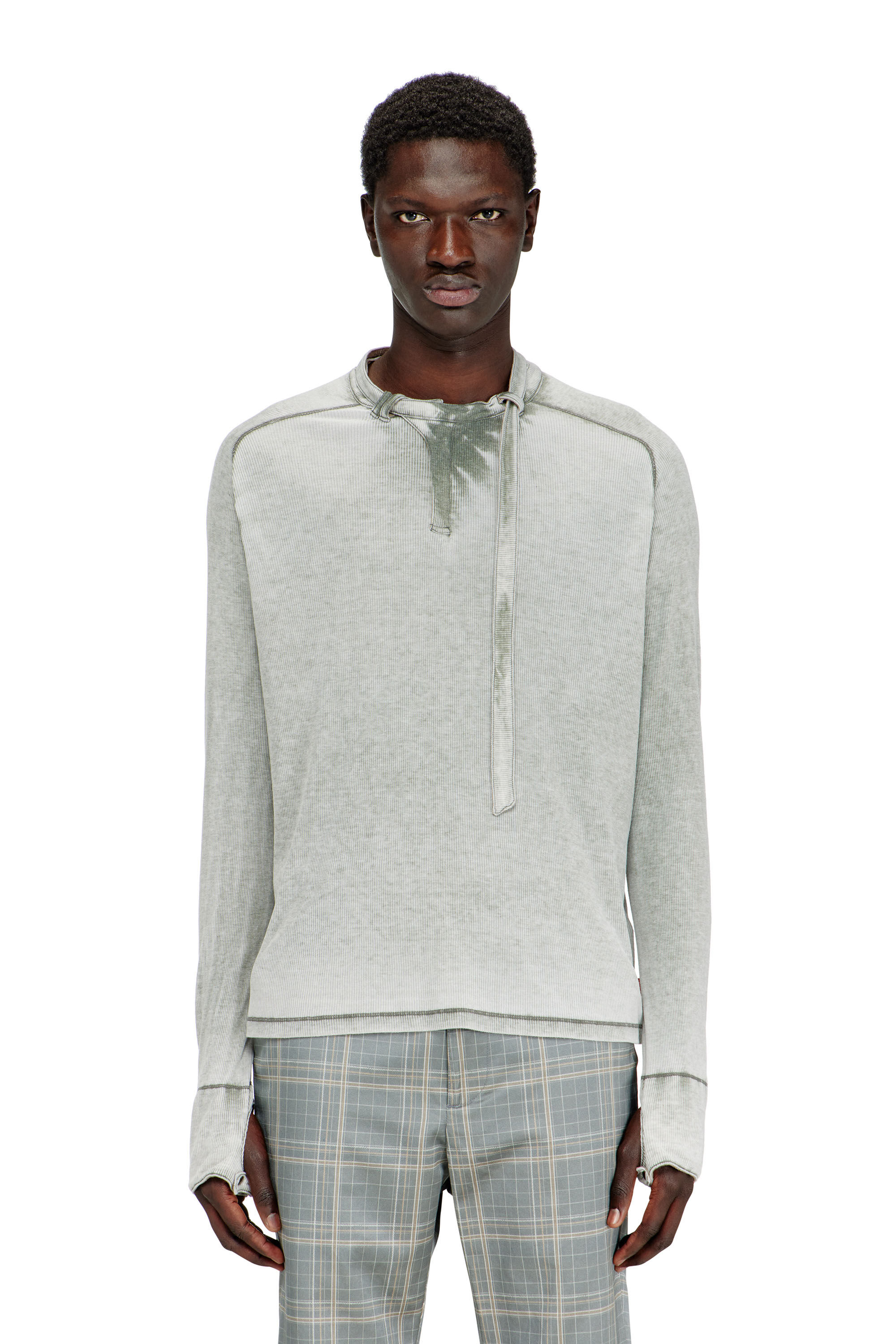 Diesel - T-GOHAN, Male's Rib-jersey top with biker neck strap in グレー - 3