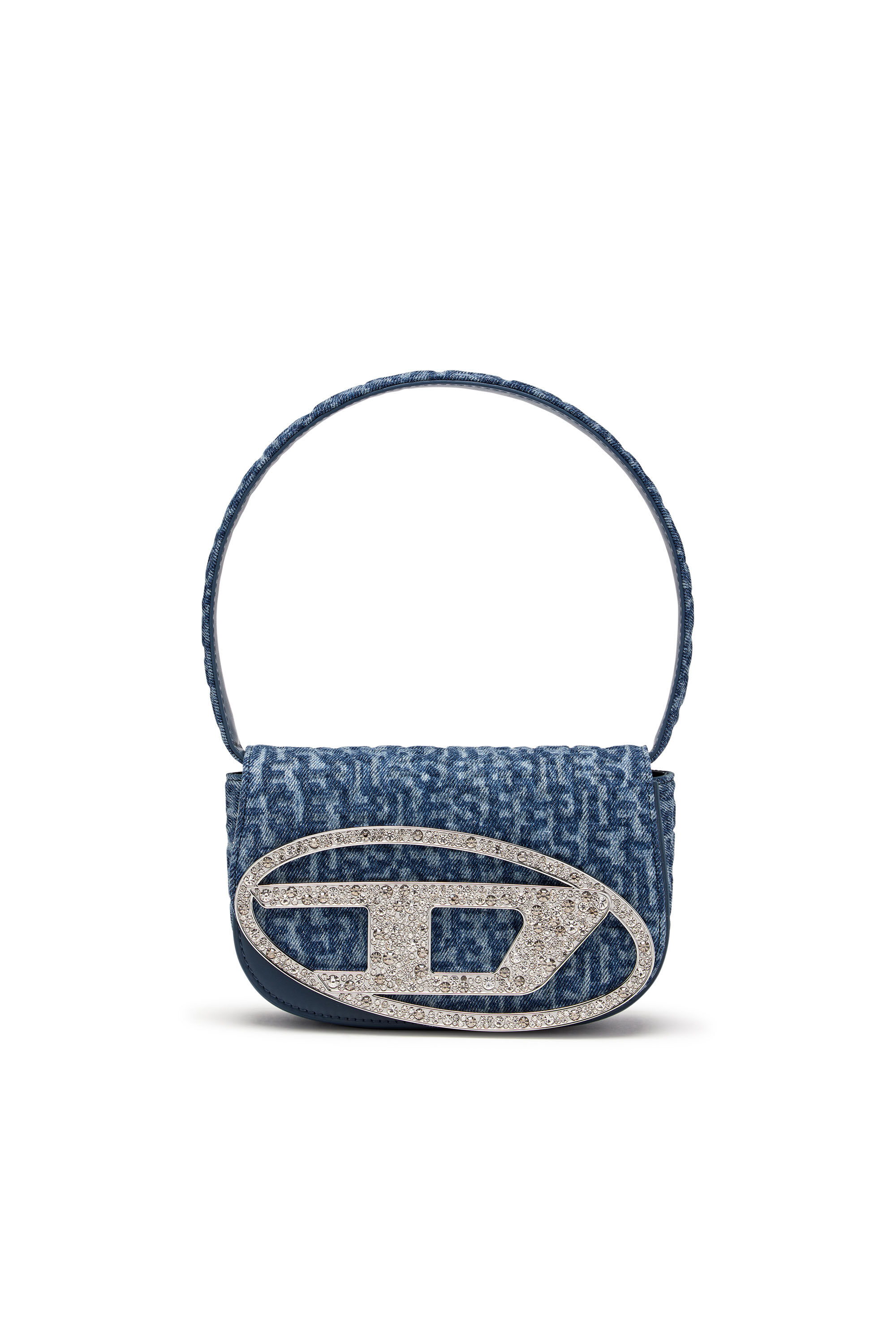 Women's 1DR-Iconic shoulder bag in denim and crystals