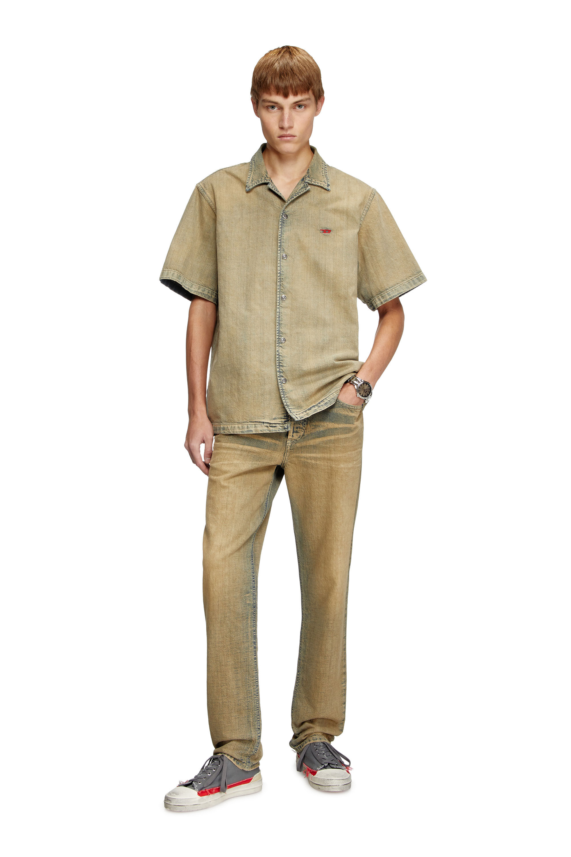 Diesel - D-NABIL-D, Male's Bowling shirt in gold-brush denim in ベージュ - 1