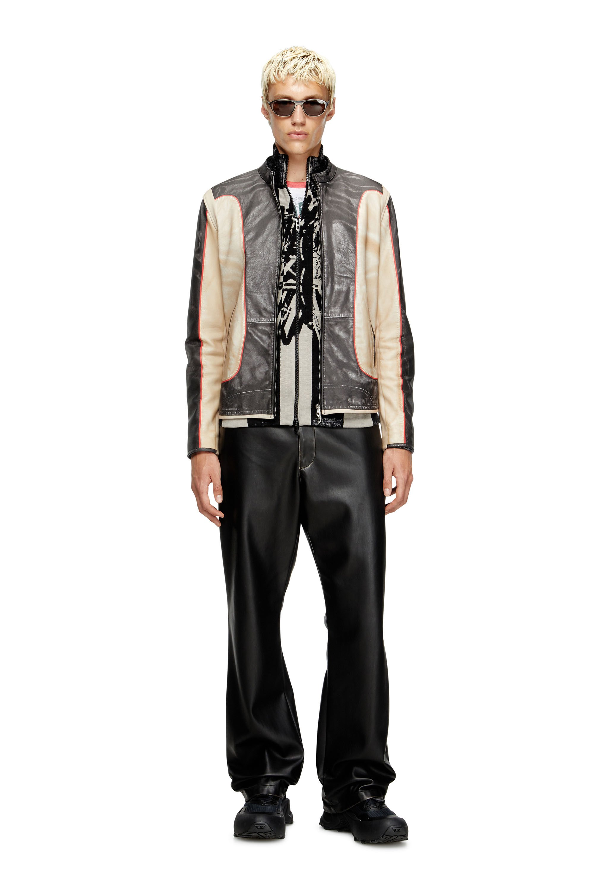 Diesel - L-EVERT, Male's Trompe l'oeil-effect leather biker jacket in ベージュ/ブラック - 1