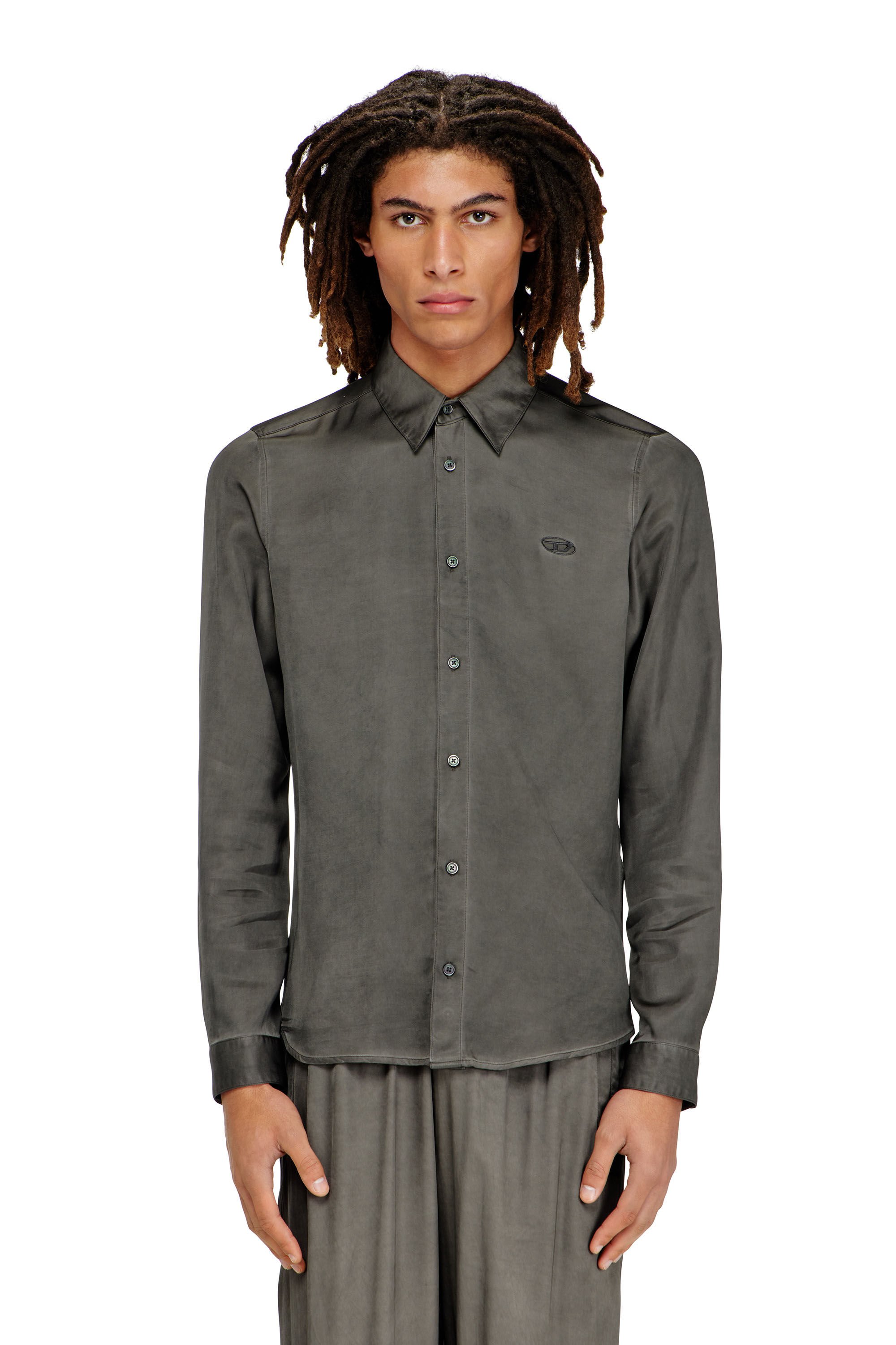 Diesel - S-KINNY-ALBG, Male's Shirt in treated fluid viscose in ダークグレー - 3
