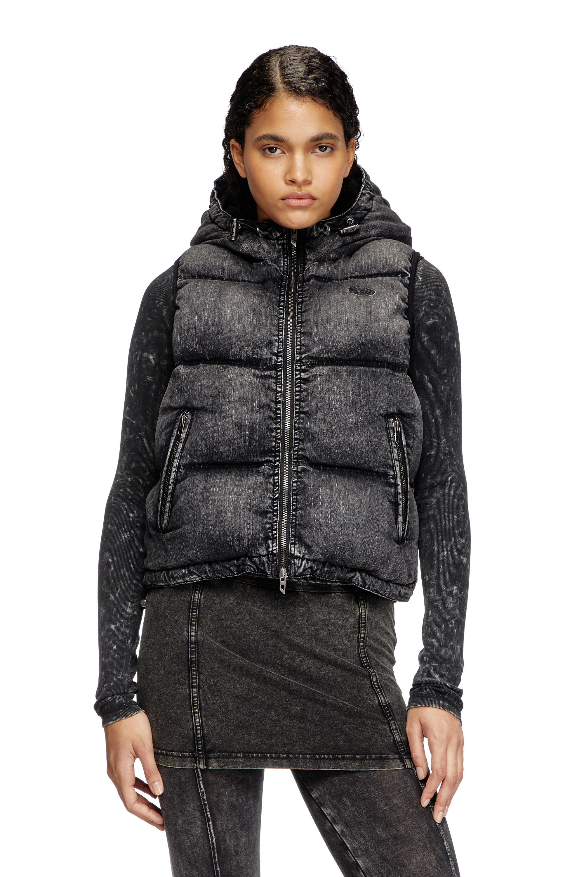 Diesel - W-HOPPER, Female's Hooded puffer vest in faded denim in ブラック - 3
